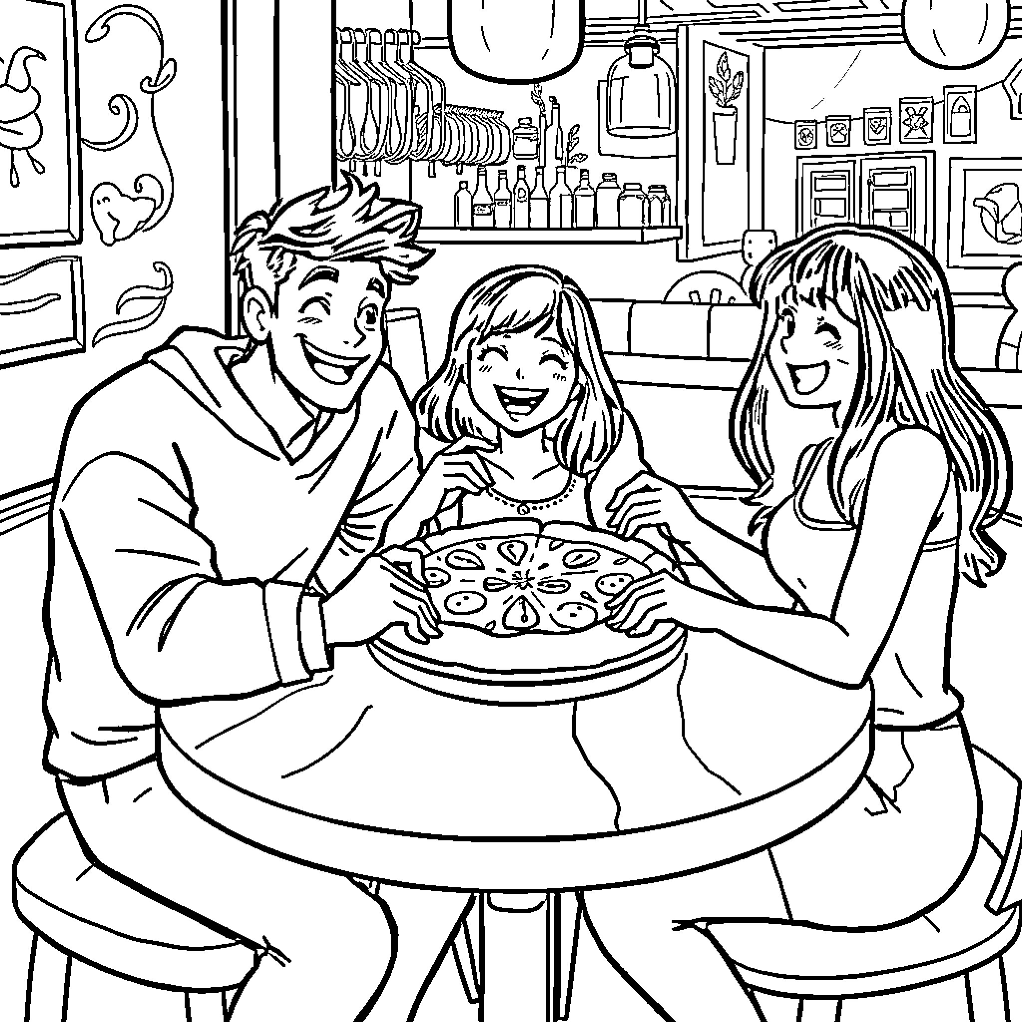 Friends enjoying pizza together Coloring Page (free black-and-white line drawing printable PDF for all, from beginners to advanced learners, including children, teens, adults, and seniors)