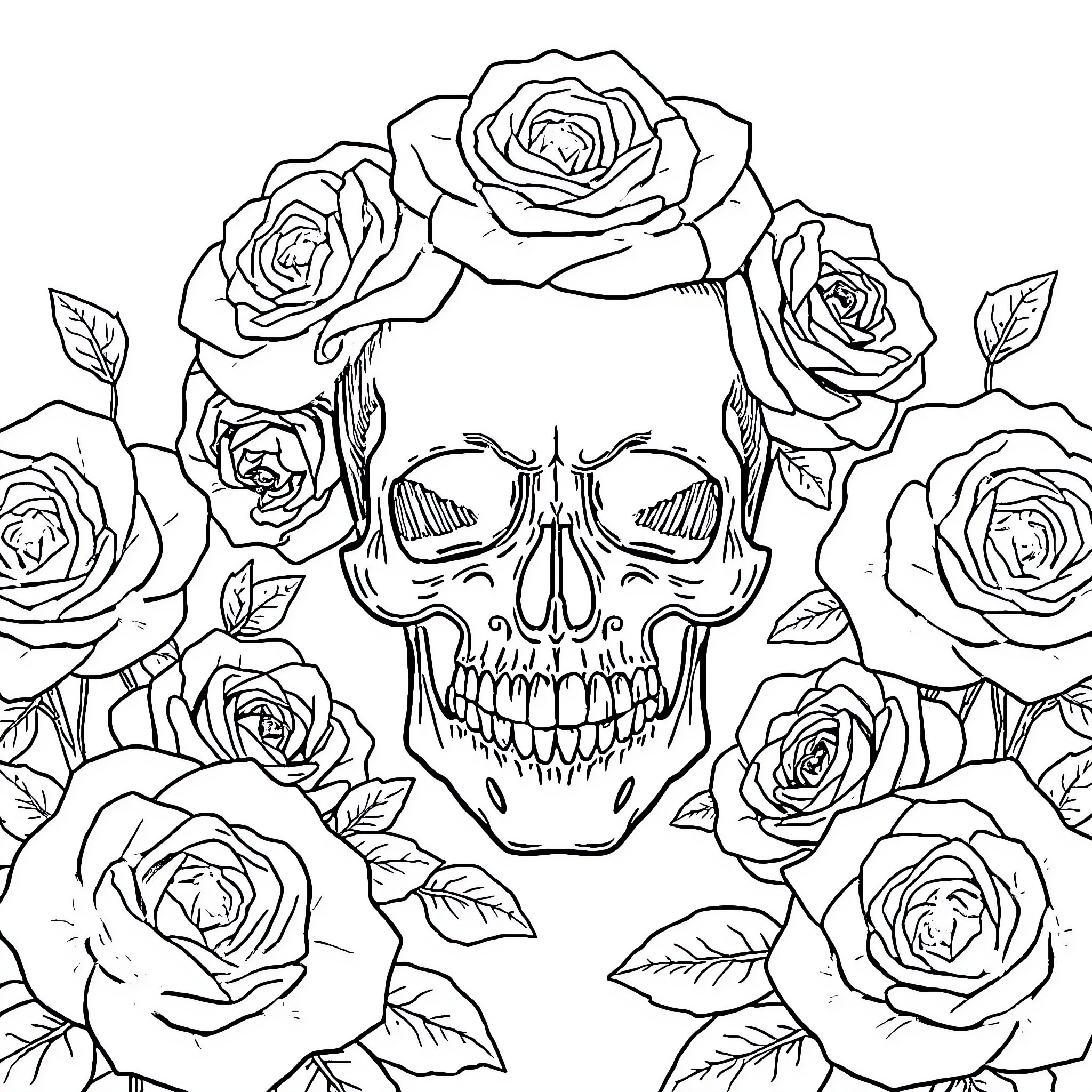 Skull surrounded by ornate roses Coloring Page (free black-and-white line drawing printable PDF for all, from beginners to advanced learners, including children, teens, adults, and seniors)
