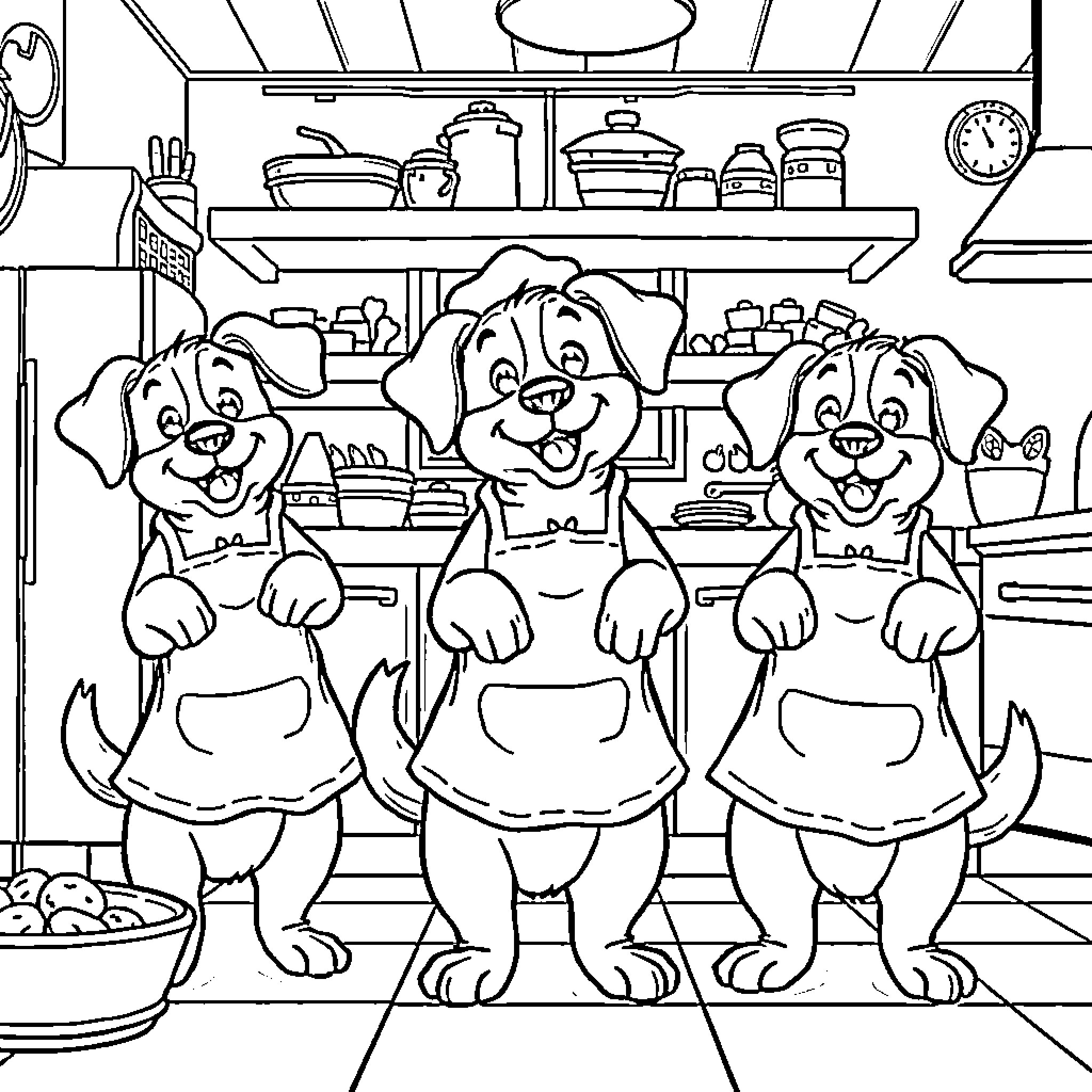 Dog cooks happily in the kitchen Coloring Page (free black-and-white line drawing printable PDF for all, from beginners to advanced learners, including children, teens, adults, and seniors)