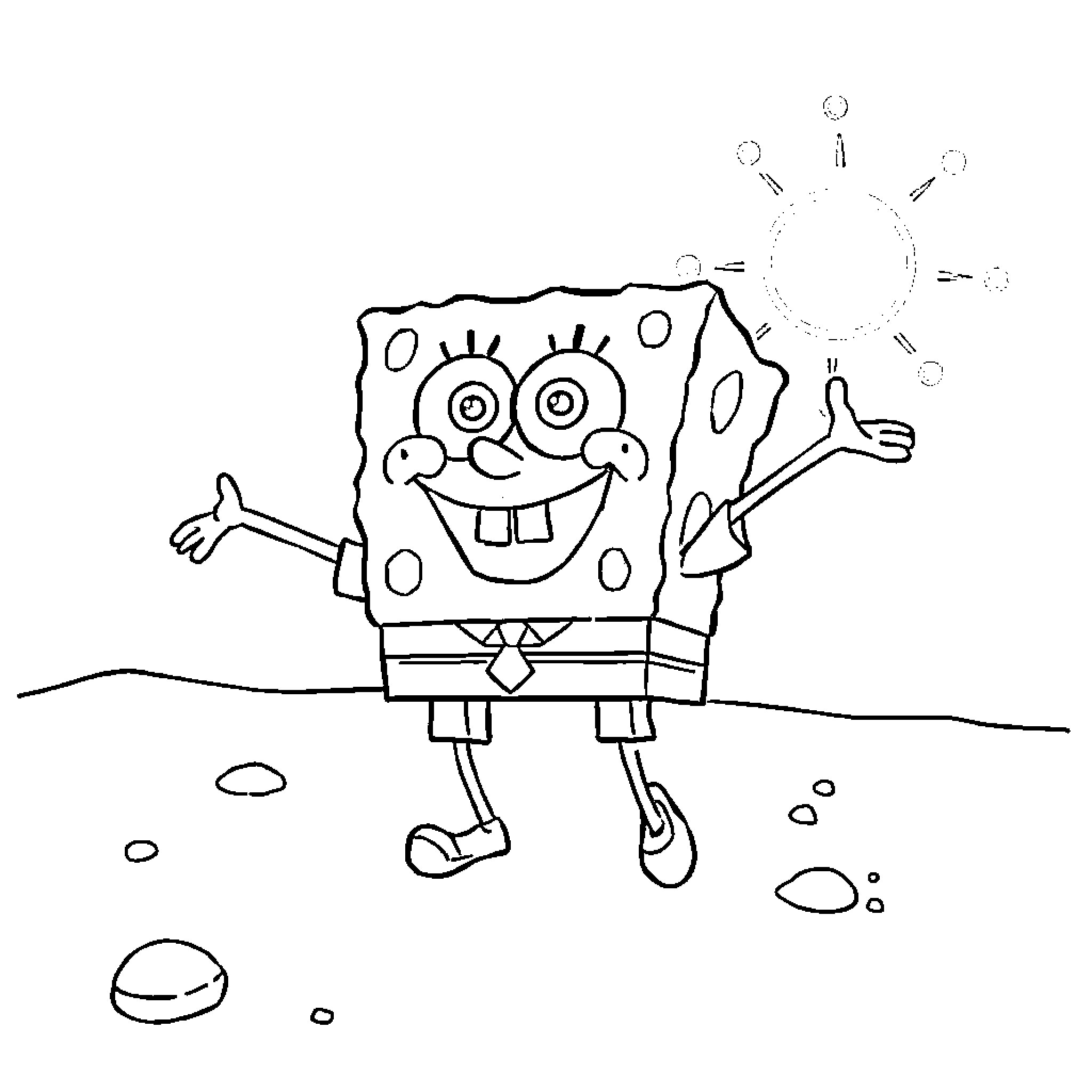 Spongebob happily dancing on the beach Coloring Page (free black-and-white line drawing printable PDF for all, from beginners to advanced learners, including children, teens, adults, and seniors)