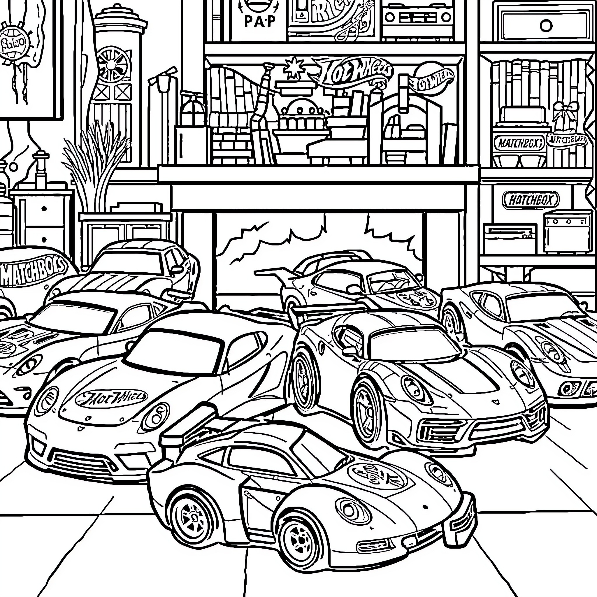 Car Collection in a Garage Coloring Page (free black-and-white line drawing printable PDF for all, from beginners to advanced learners, including children, teens, adults, and seniors)