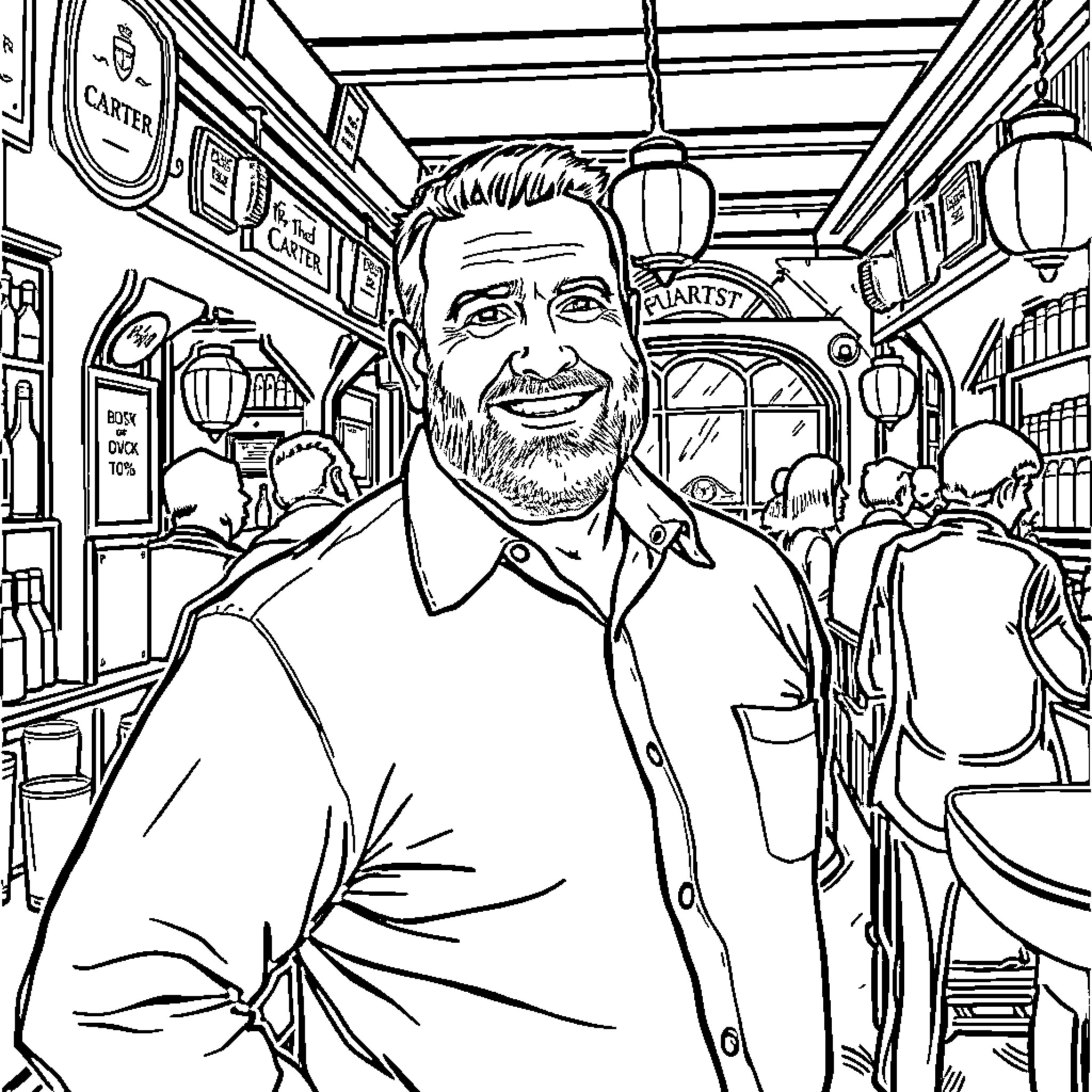 Mick Carter in a lively neighborhood scene Coloring Page (free black-and-white line drawing printable PDF for all, from beginners to advanced learners, including children, teens, adults, and seniors)