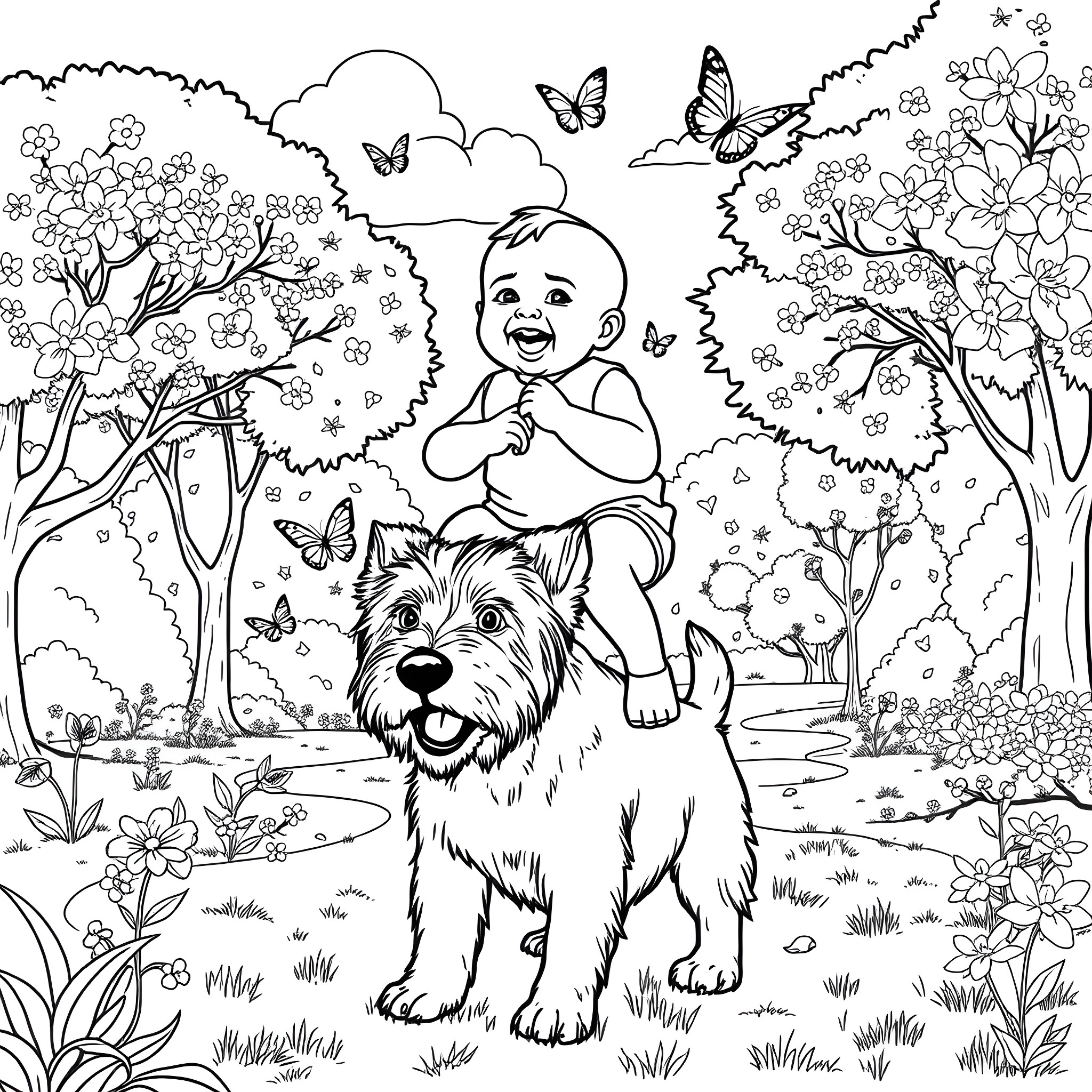 Baby playing joyfully with a puppy in a beautiful garden Coloring Page (free black-and-white line drawing printable PDF for all, from beginners to advanced learners, including children, teens, adults, and seniors)