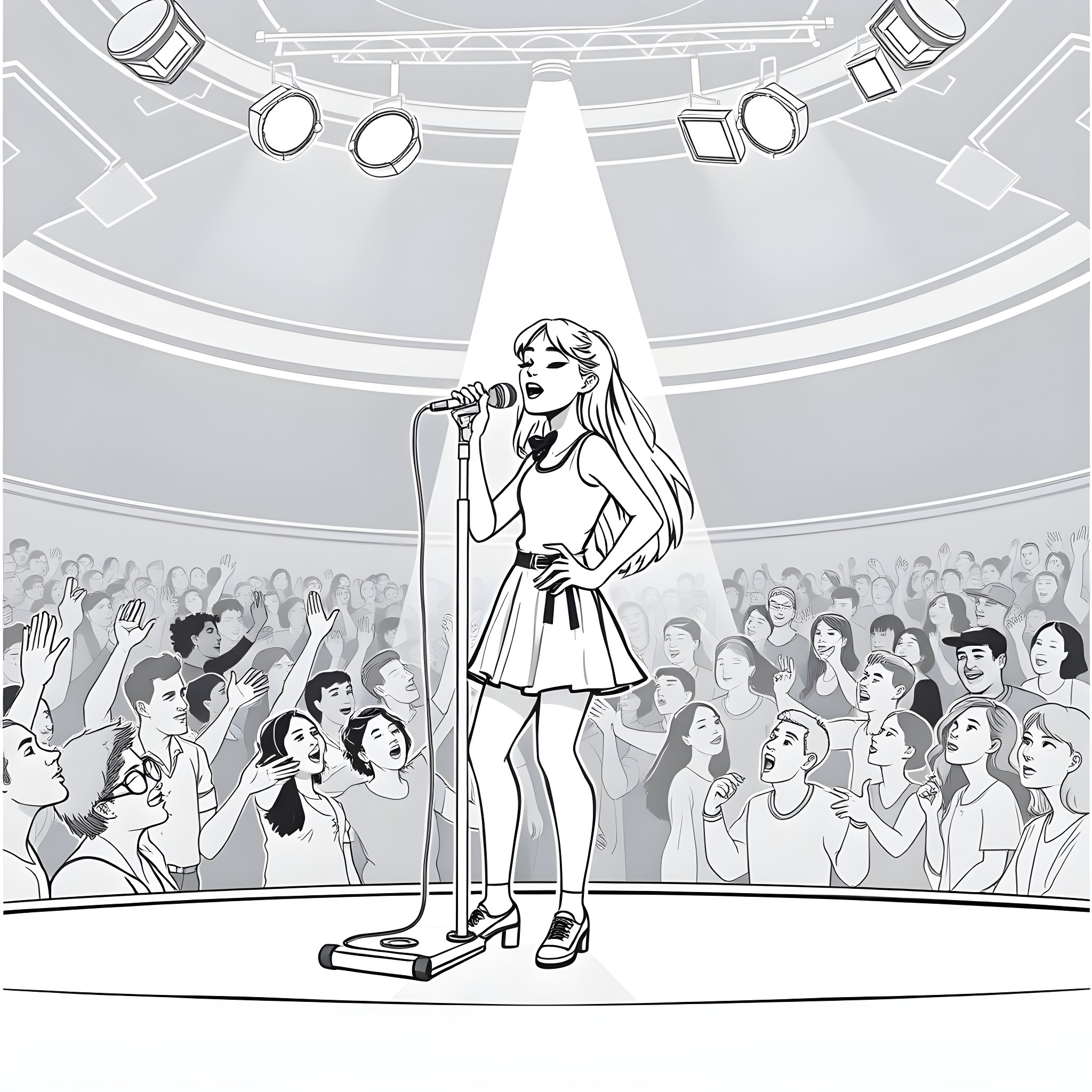 Teen Girl Singing on Stage with Cheering Crowd Coloring Page (free black-and-white line drawing printable PDF for all, from beginners to advanced learners, including children, teens, adults, and seniors)