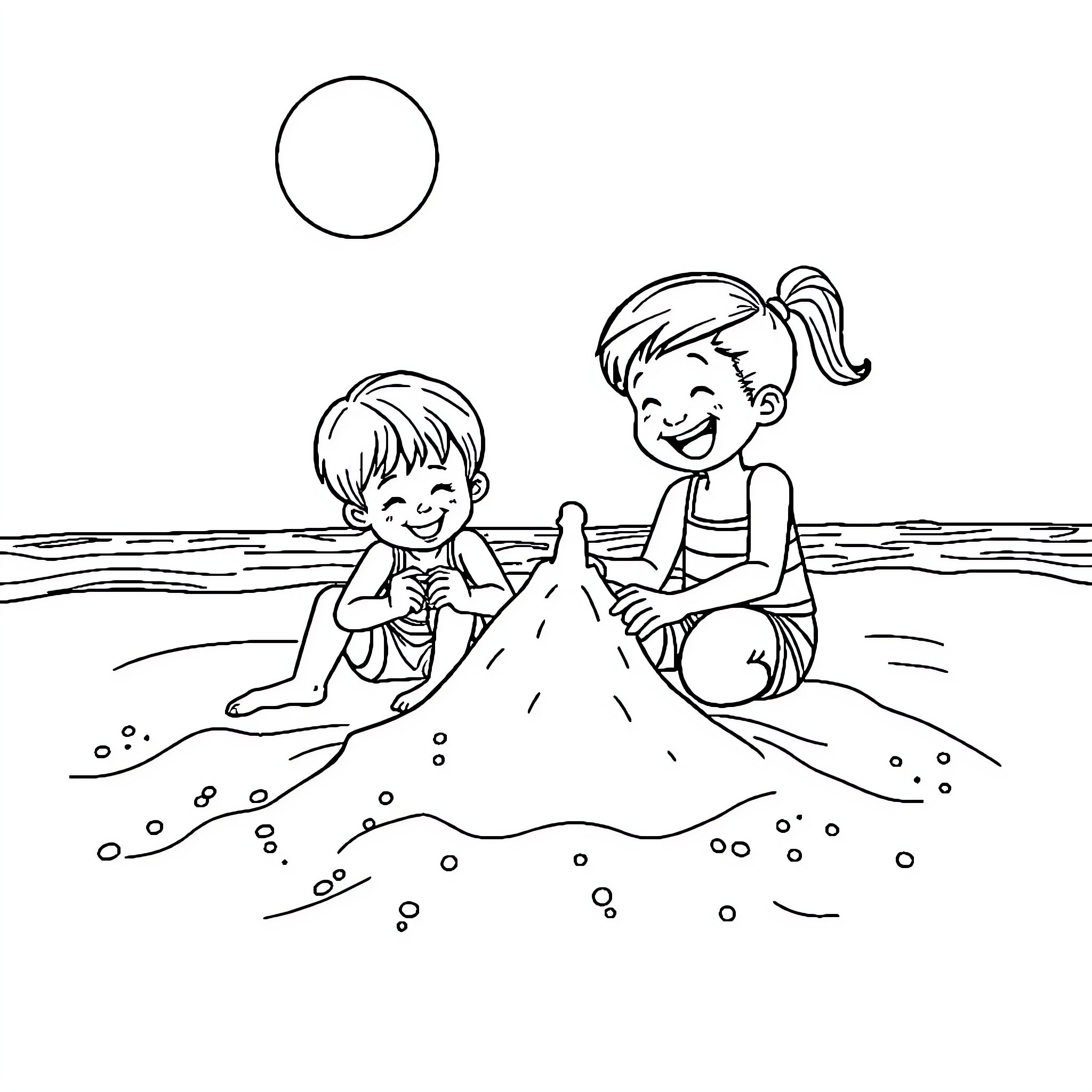 Child building sandcastle at the beach Coloring Page (free black-and-white line drawing printable PDF for all, from beginners to advanced learners, including children, teens, adults, and seniors)