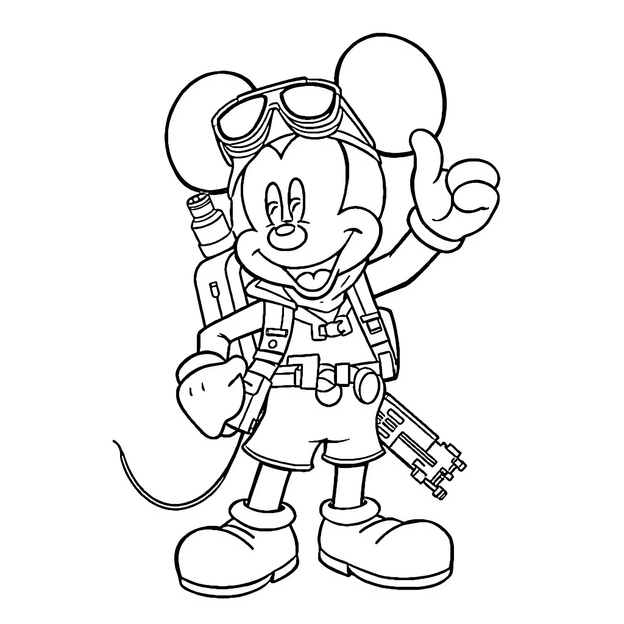 Mickey Mouse Adventurous Explorer with Gear Coloring Page (free black-and-white line drawing printable PDF for all, from beginners to advanced learners, including children, teens, adults, and seniors)