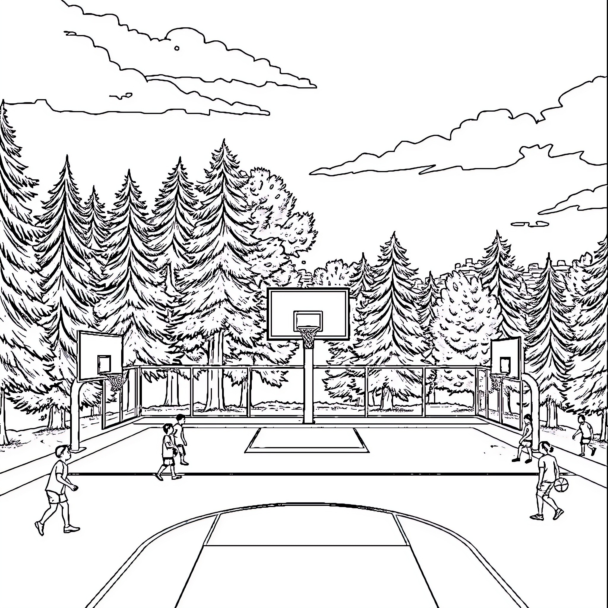Basketball Court in the Wilderness Coloring Page (free black-and-white line drawing printable PDF for all, from beginners to advanced learners, including children, teens, adults, and seniors)
