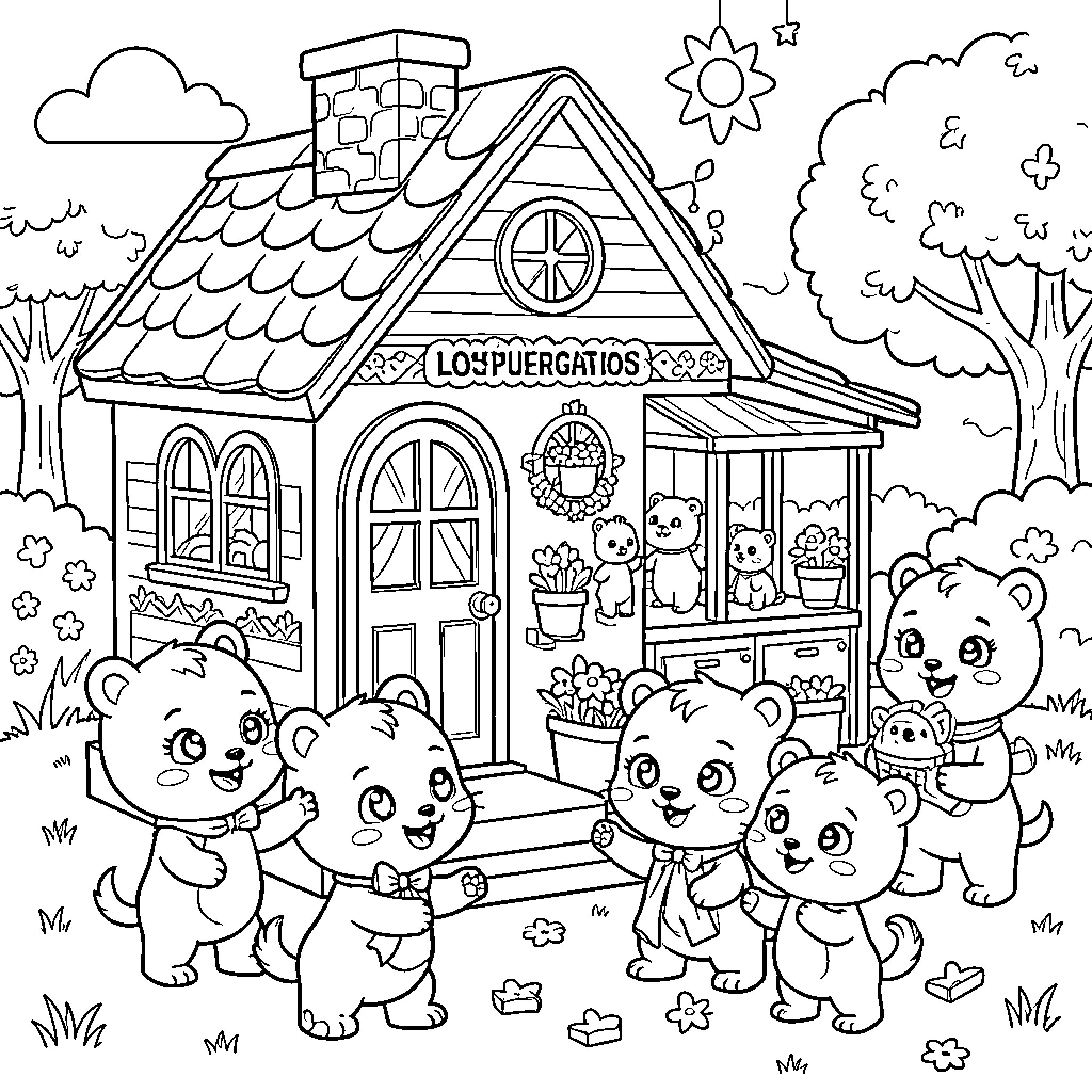 Superkitten's Charming Cottage with Playful Companions Coloring Page (free black-and-white line drawing printable PDF for all, from beginners to advanced learners, including children, teens, adults, and seniors)