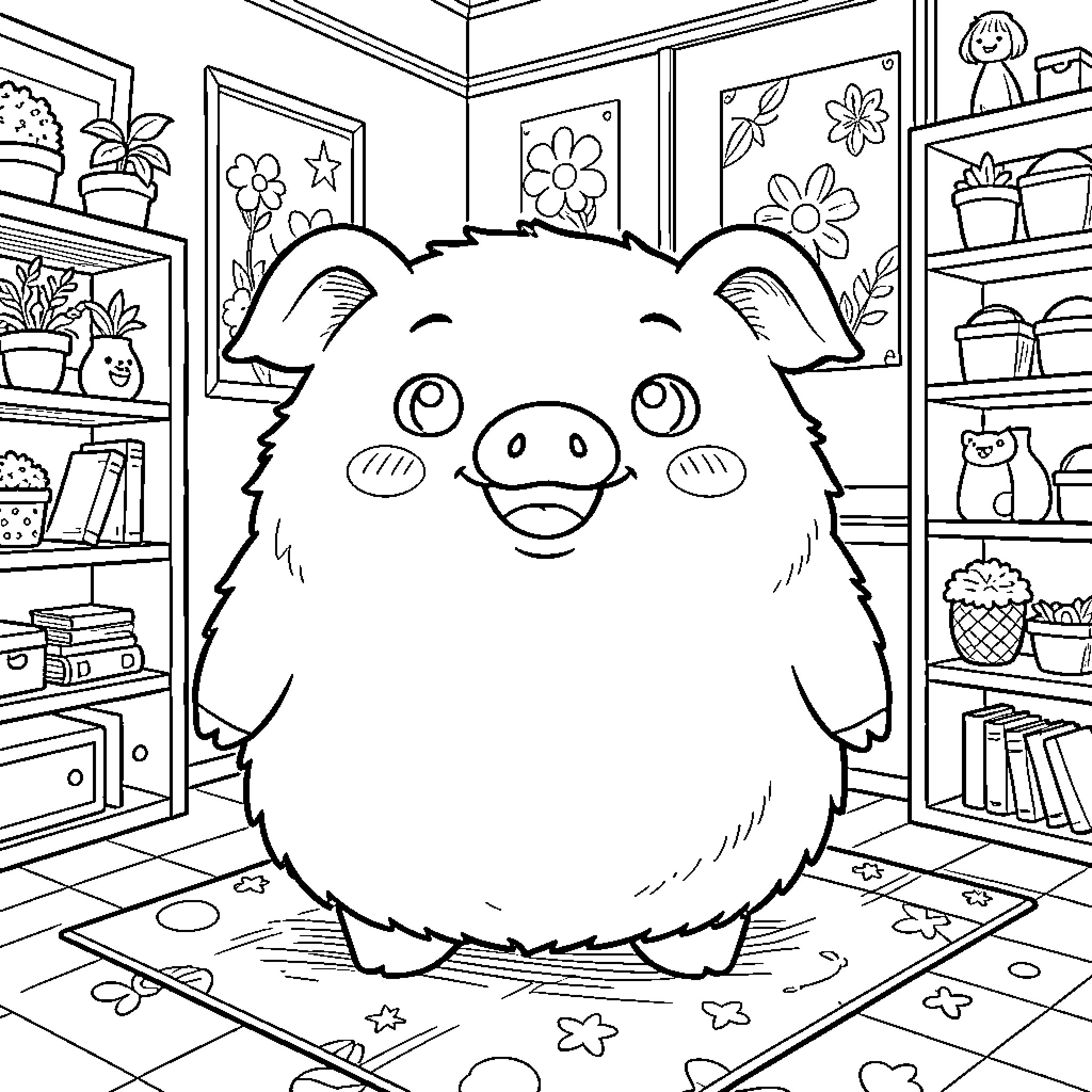 Pchan's cozy and whimsical bedroom adventure Coloring Page (free black-and-white line drawing printable PDF for all, from beginners to advanced learners, including children, teens, adults, and seniors)