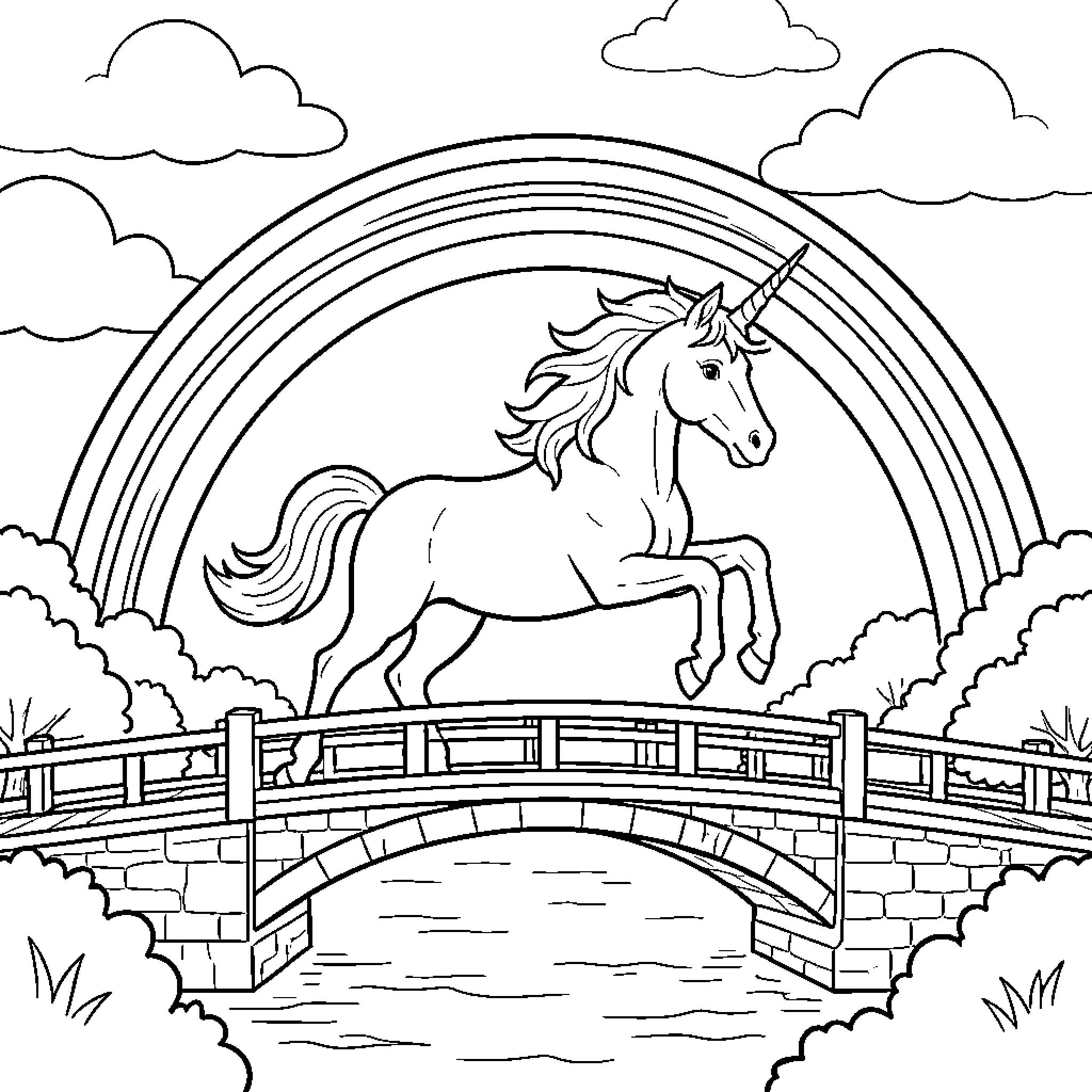 Unicorn galloping across a stone bridge under a rainbow Coloring Page (free black-and-white line drawing printable PDF for all, from beginners to advanced learners, including children, teens, adults, and seniors)