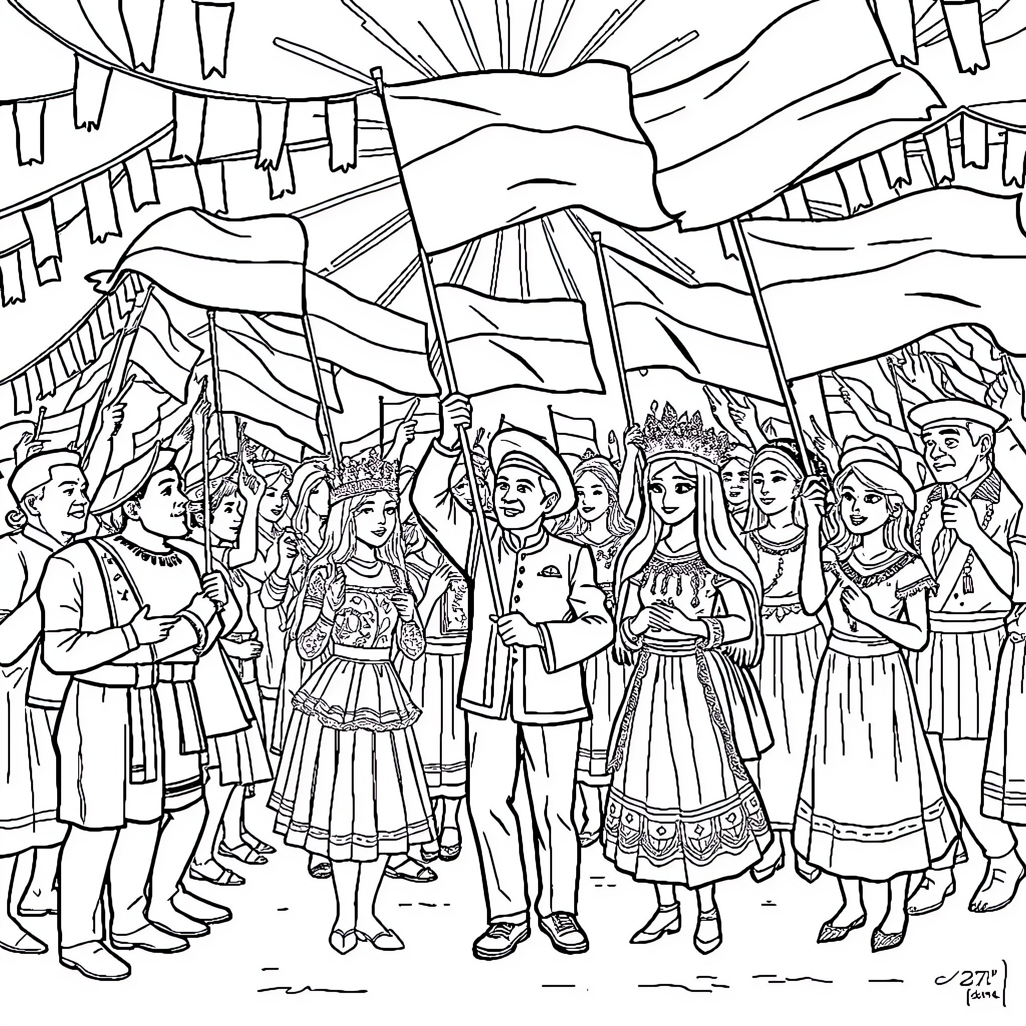 Indonesian Independence Day festival with diverse attire and celebrations Coloring Page (free black-and-white line drawing printable PDF for all, from beginners to advanced learners, including children, teens, adults, and seniors)