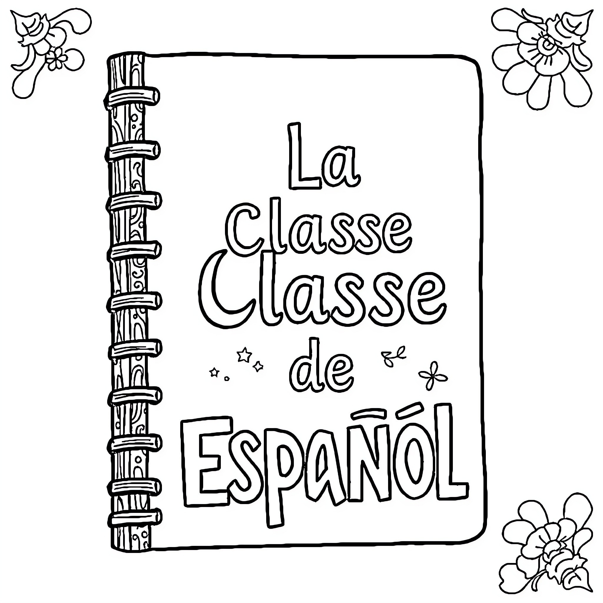 Notebook for Spanish Class Coloring Page (free black-and-white line drawing printable PDF for all, from beginners to advanced learners, including children, teens, adults, and seniors)