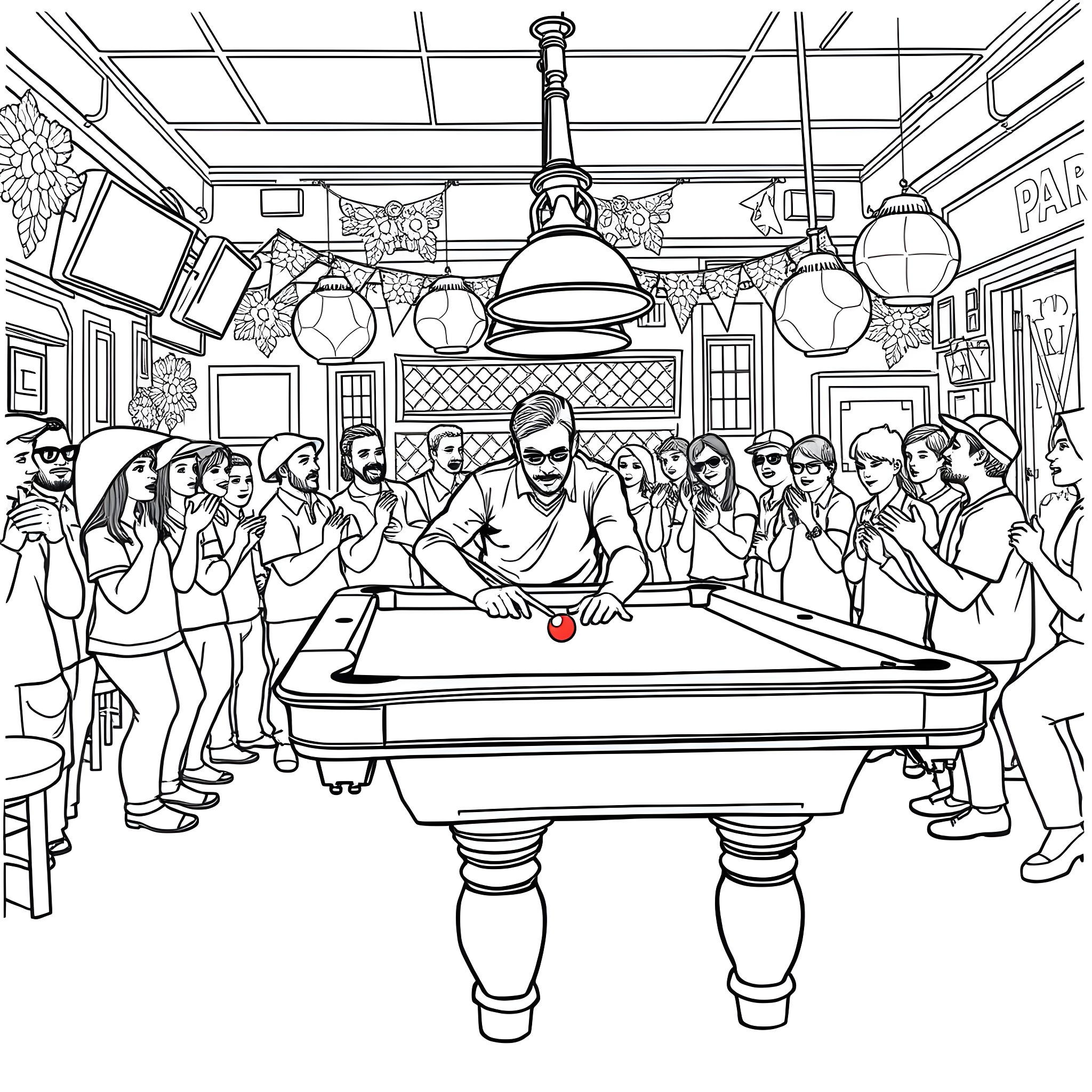 Jonny Clayton's Pool Hall Gathering Coloring Page (free black-and-white line drawing printable PDF for all, from beginners to advanced learners, including children, teens, adults, and seniors)