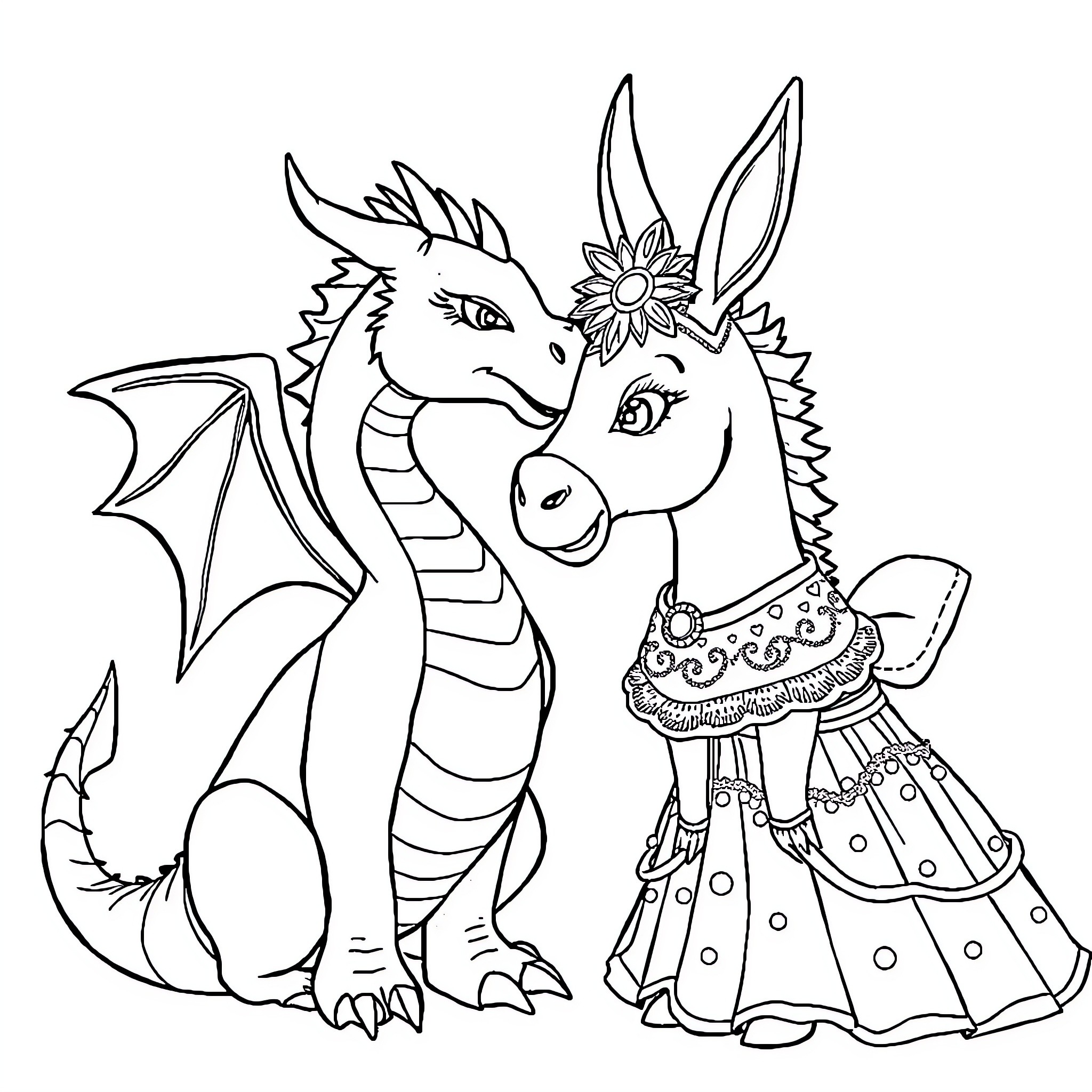 Dragon in Ornate Dress with Companion Coloring Page (free black-and-white line drawing printable PDF for all, from beginners to advanced learners, including children, teens, adults, and seniors)