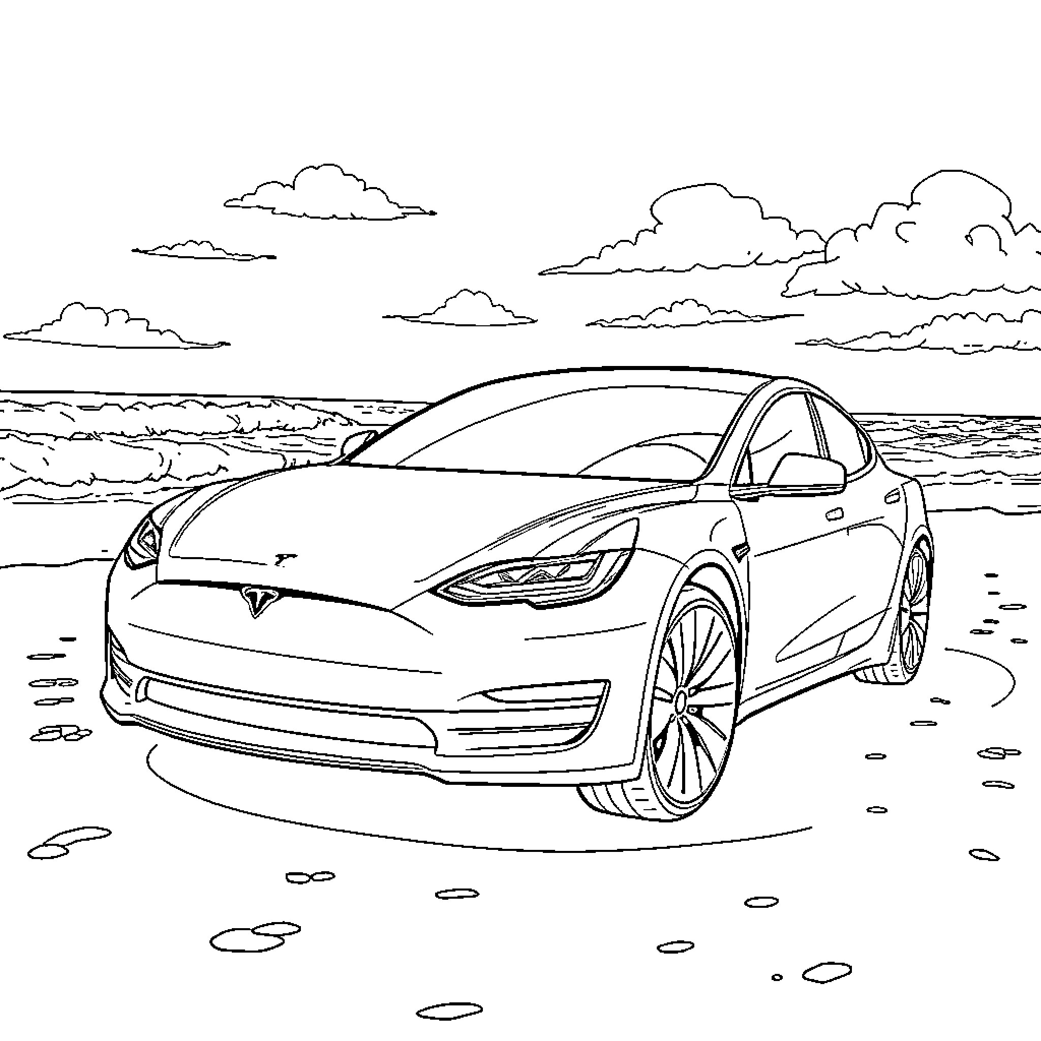 Tesla driving gracefully along the coast Coloring Page (free black-and-white line drawing printable PDF for all, from beginners to advanced learners, including children, teens, adults, and seniors)