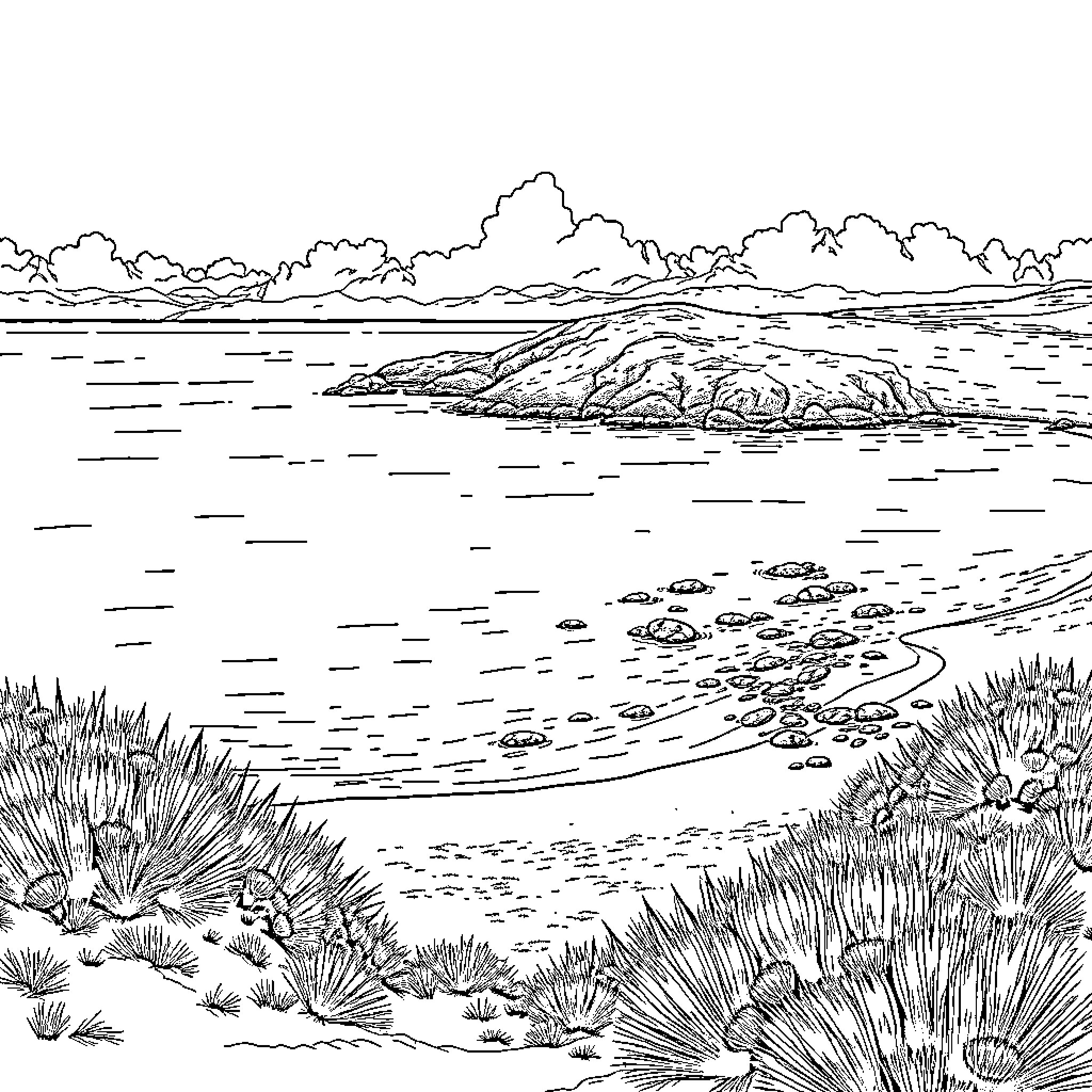 Gott's Peaceful Coastal Landscape Coloring Page (free black-and-white line drawing printable PDF for all, from beginners to advanced learners, including children, teens, adults, and seniors)