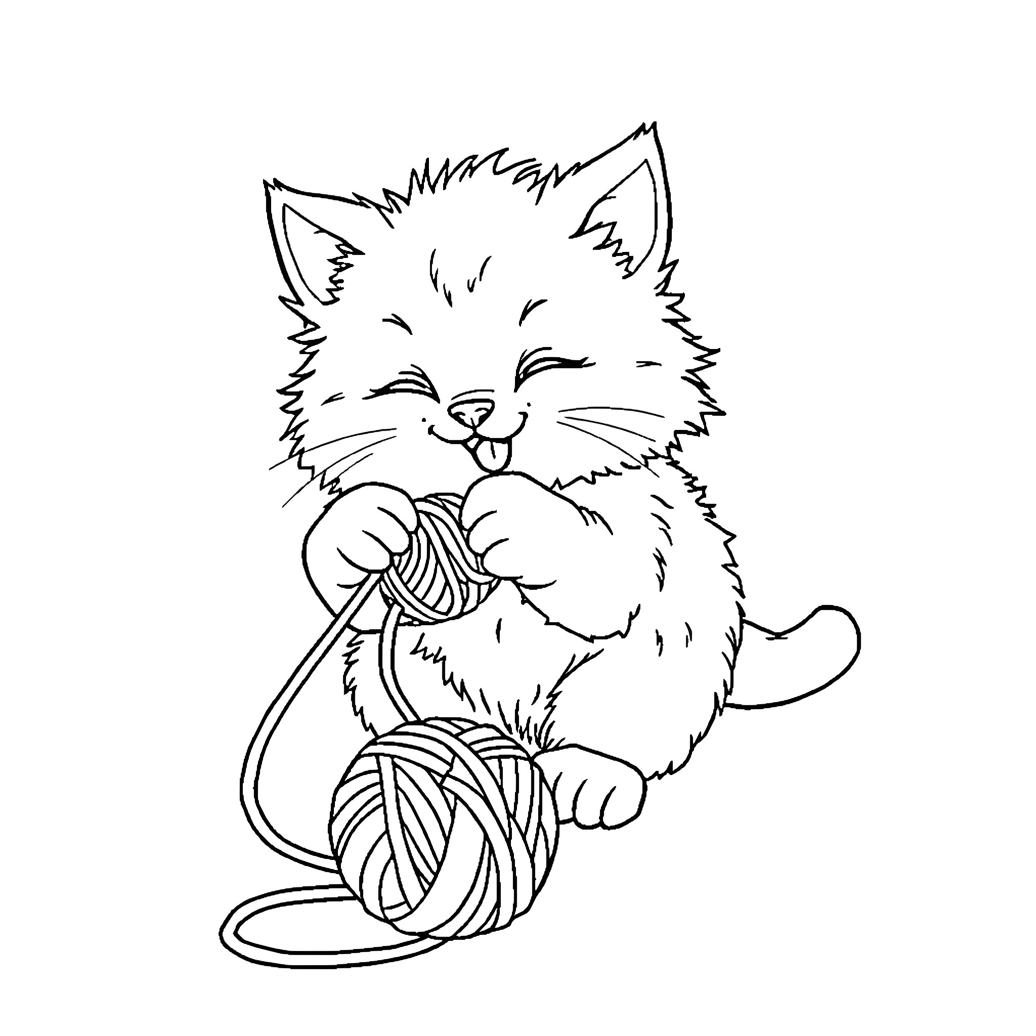 Cat playing with yarn and ball of string Coloring Page (free black-and-white line drawing printable PDF for all, from beginners to advanced learners, including children, teens, adults, and seniors)