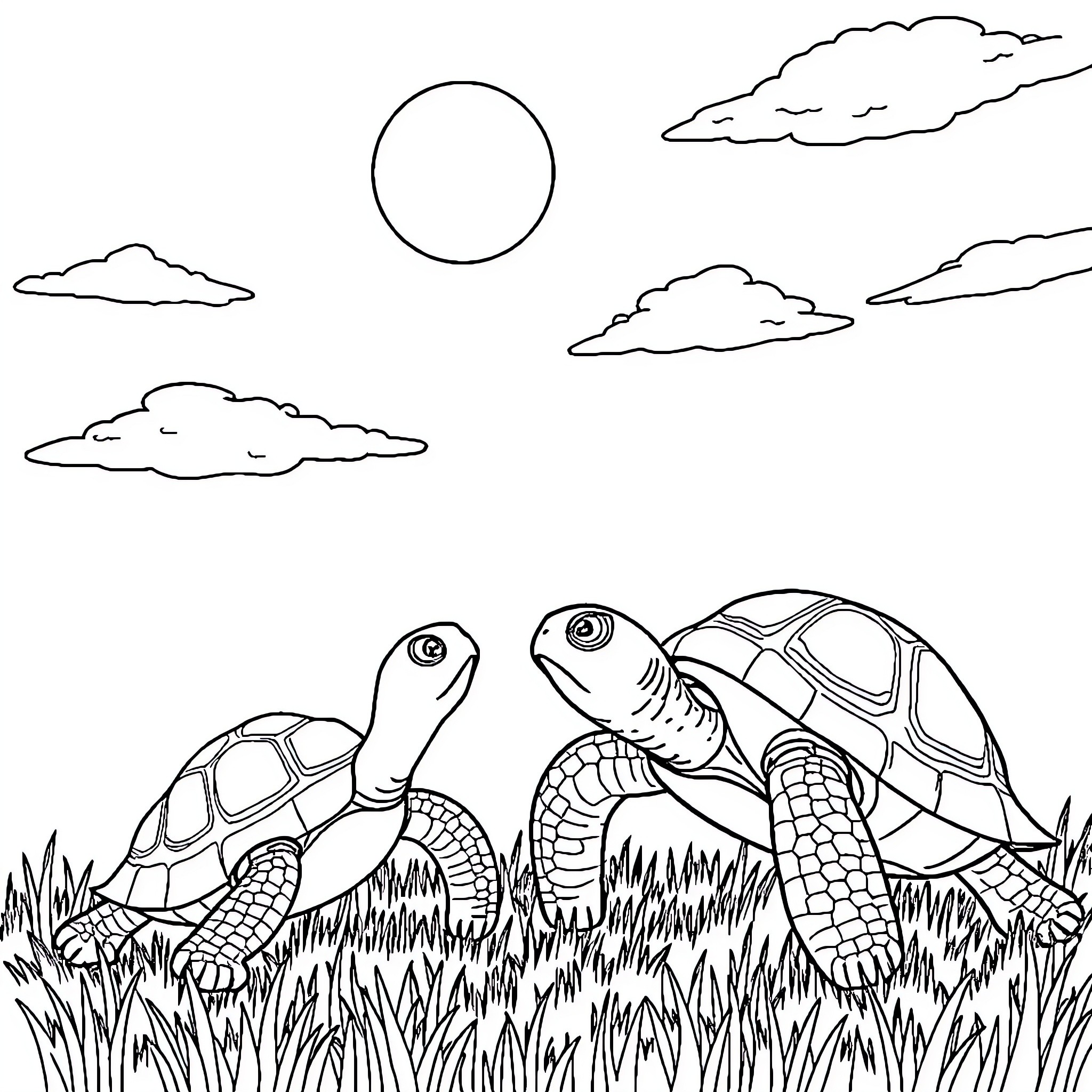 Turtle enjoying peaceful day in nature Coloring Page (free black-and-white line drawing printable PDF for all, from beginners to advanced learners, including children, teens, adults, and seniors)