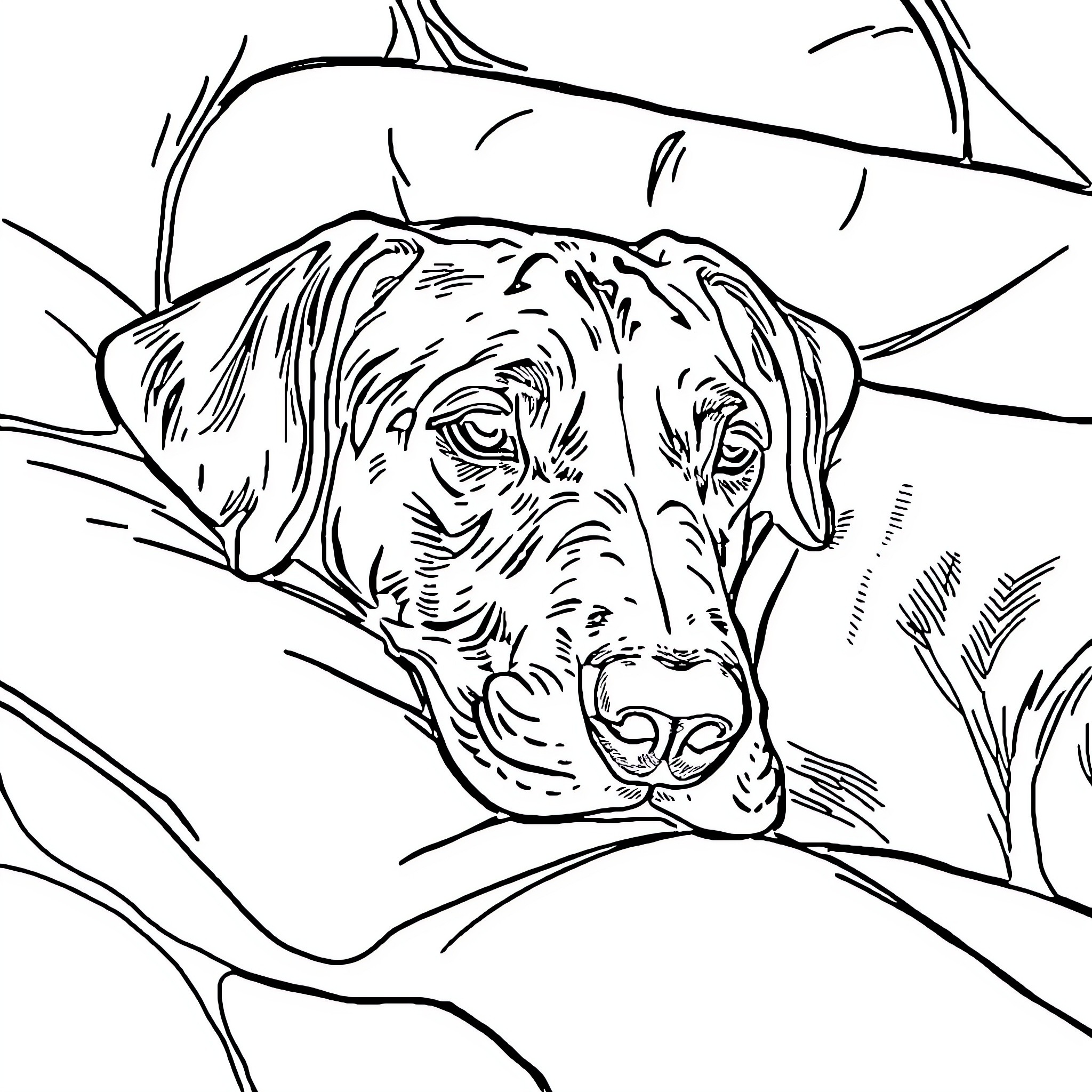 Ridgeback dog resting in the wilderness Coloring Page (free black-and-white line drawing printable PDF for all, from beginners to advanced learners, including children, teens, adults, and seniors)