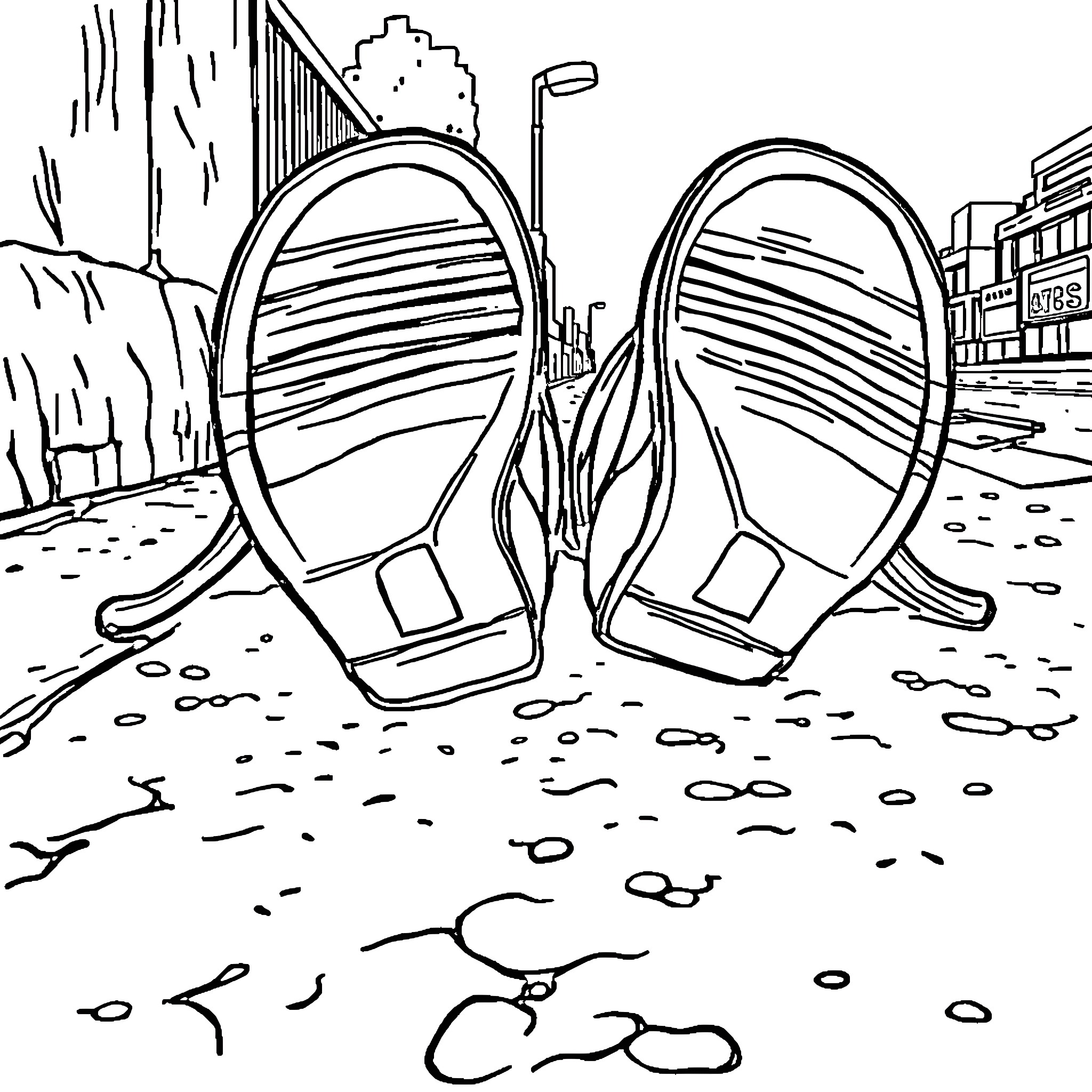 Sole Pair of Shoes on Urban Street Coloring Page (free black-and-white line drawing printable PDF for all, from beginners to advanced learners, including children, teens, adults, and seniors)