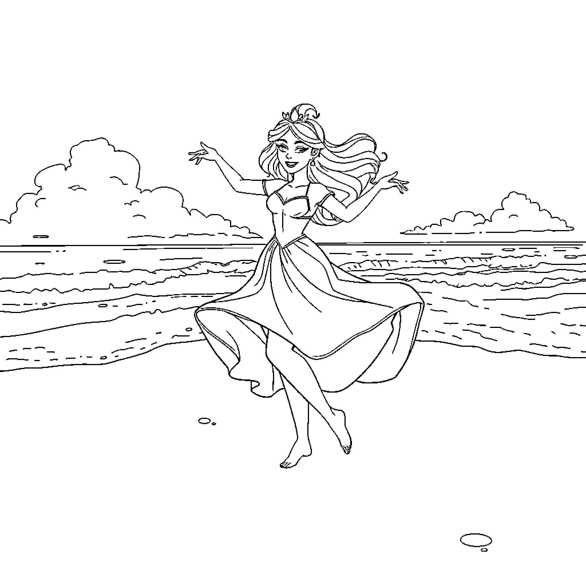 Princess Dancing Joyfully by the Seaside Coloring Page (free black-and-white line drawing printable PDF for all, from beginners to advanced learners, including children, teens, adults, and seniors)