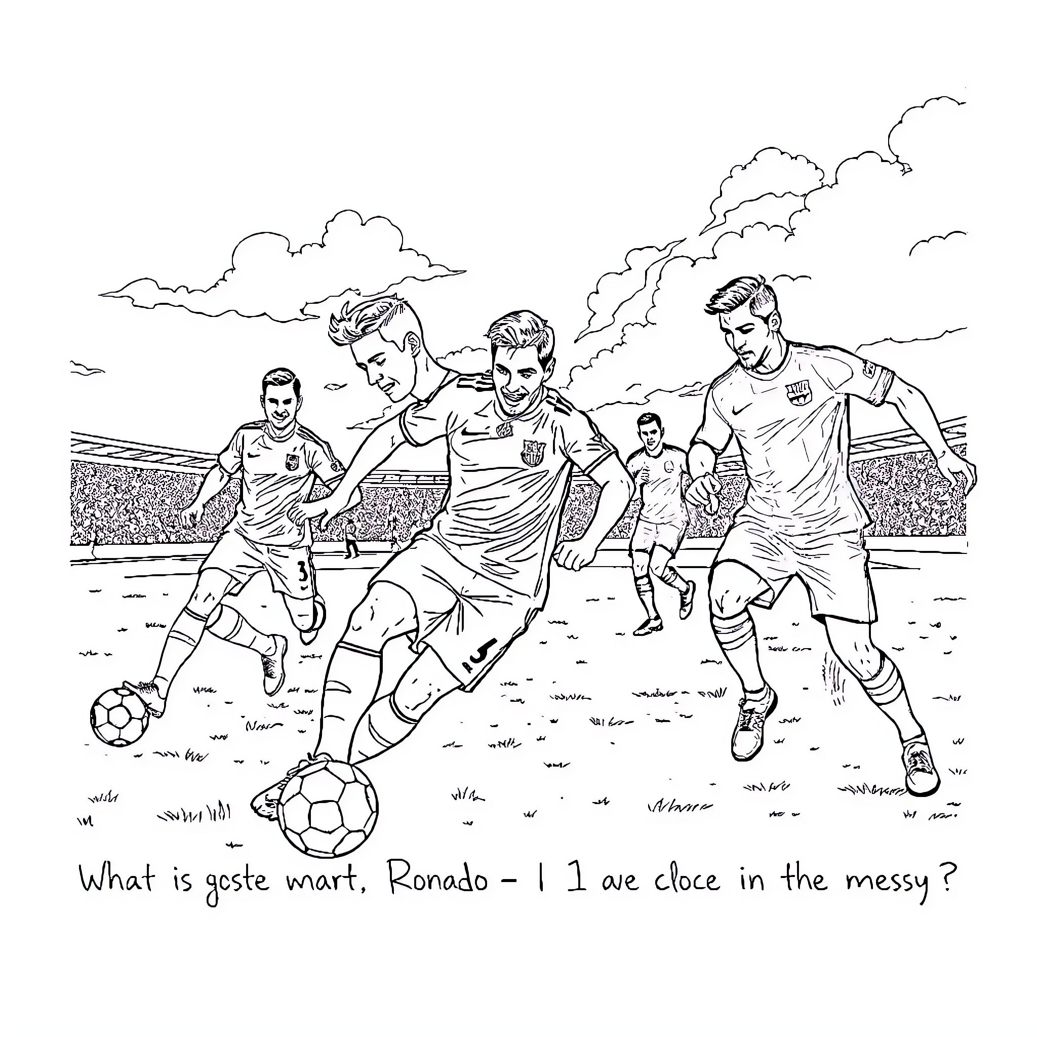 Footballer attacking and defending in a soccer match Coloring Page (free black-and-white line drawing printable PDF for all, from beginners to advanced learners, including children, teens, adults, and seniors)