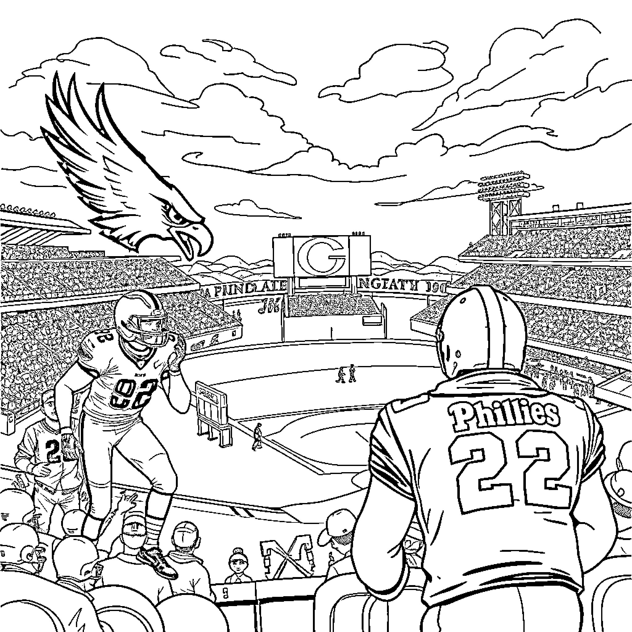 Eagle soaring over crowded football stadium Coloring Page (free black-and-white line drawing printable PDF for all, from beginners to advanced learners, including children, teens, adults, and seniors)