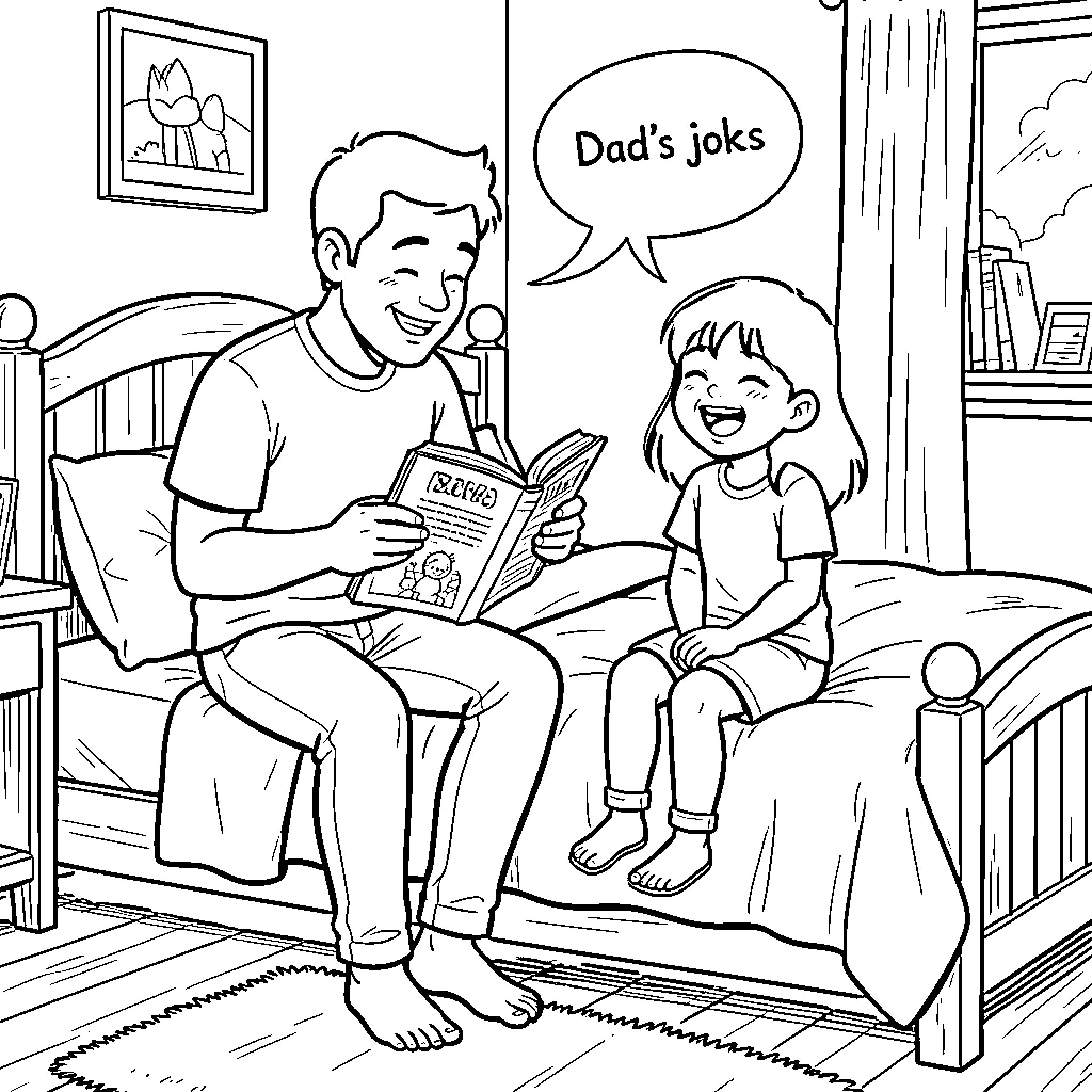 Dad reading a funny book to his daughter Coloring Page (free black-and-white line drawing printable PDF for all, from beginners to advanced learners, including children, teens, adults, and seniors)