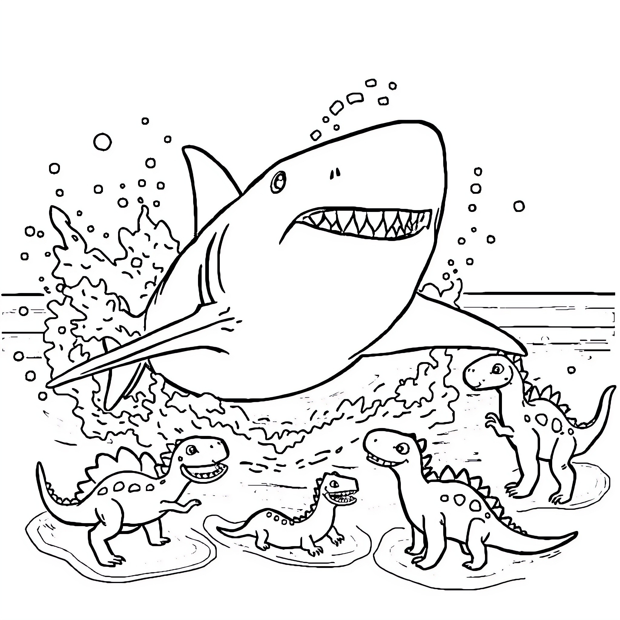 Shark chasing playful dinosaurs in the ocean Coloring Page (free black-and-white line drawing printable PDF for all, from beginners to advanced learners, including children, teens, adults, and seniors)