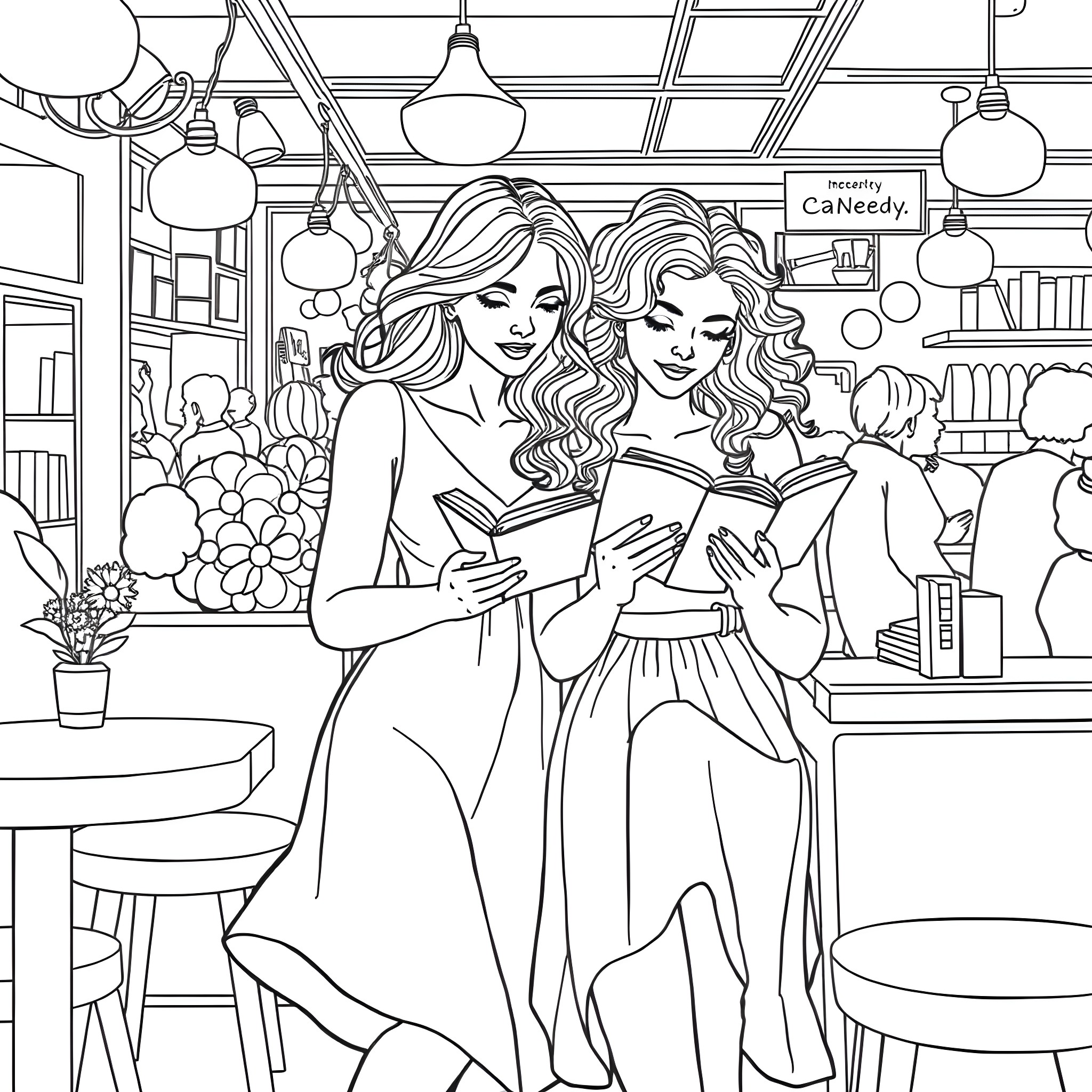 Women enjoying books in a cozy cafe Coloring Page (free black-and-white line drawing printable PDF for all, from beginners to advanced learners, including children, teens, adults, and seniors)