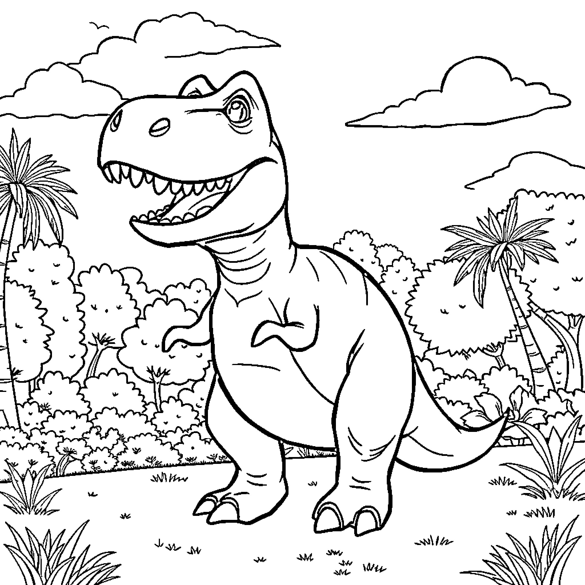 T-Rex Roaring Loudly in the Jurassic Landscape Coloring Page (free black-and-white line drawing printable PDF for all, from beginners to advanced learners, including children, teens, adults, and seniors)
