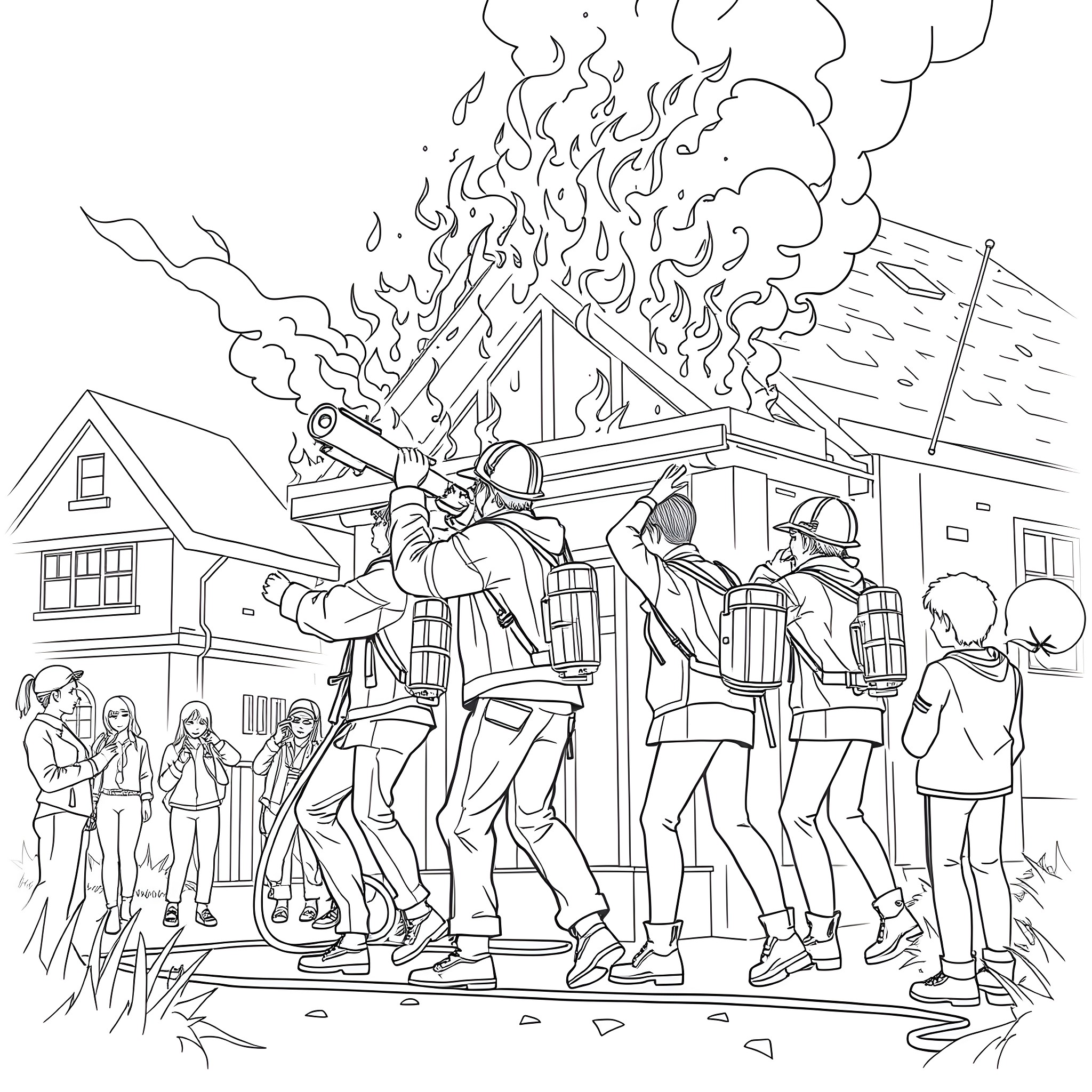 K-Pop Band Performing Energetic Dance Moves Coloring Page (free black-and-white line drawing printable PDF for all, from beginners to advanced learners, including children, teens, adults, and seniors)