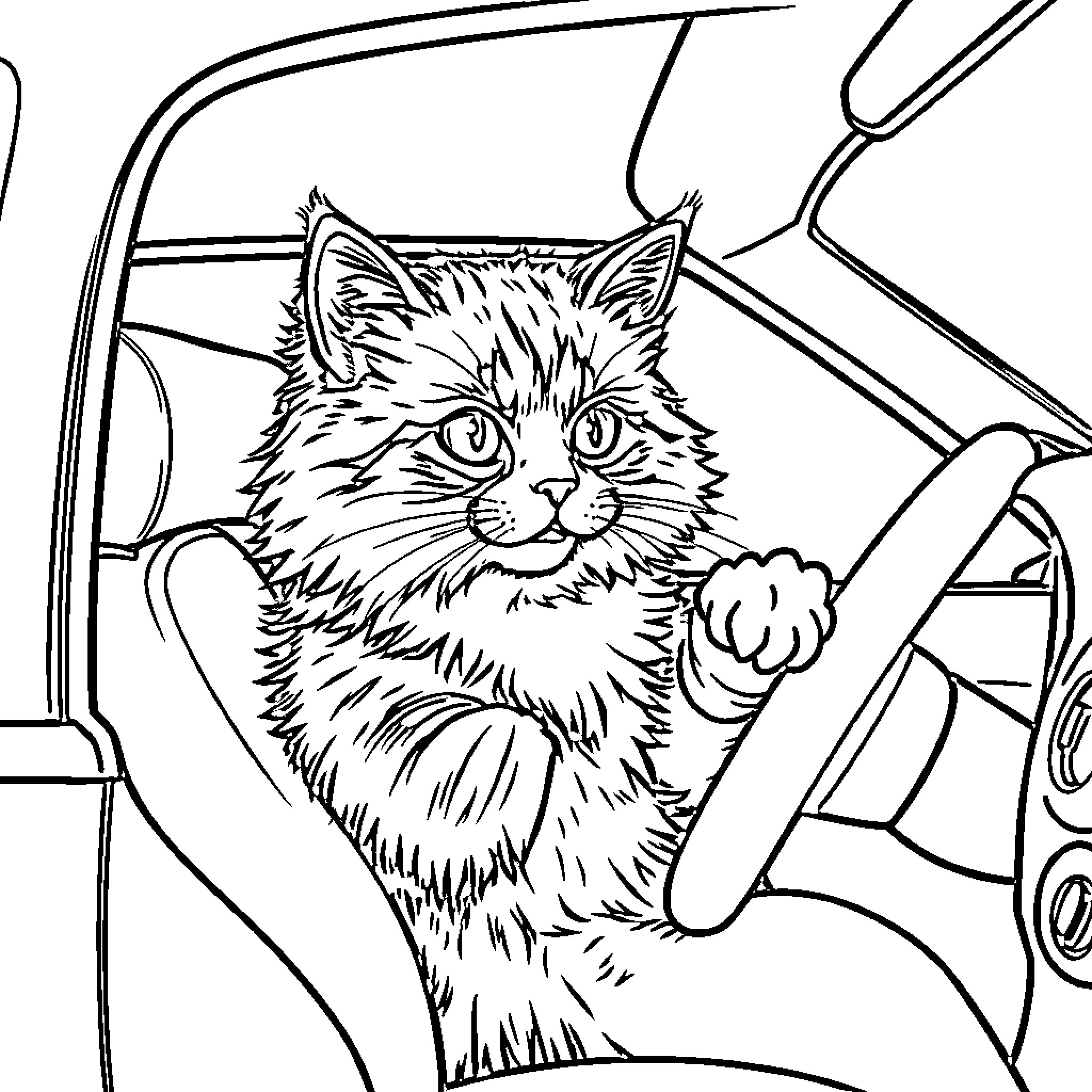 Cat looking out car window Coloring Page (free black-and-white line drawing printable PDF for all, from beginners to advanced learners, including children, teens, adults, and seniors)