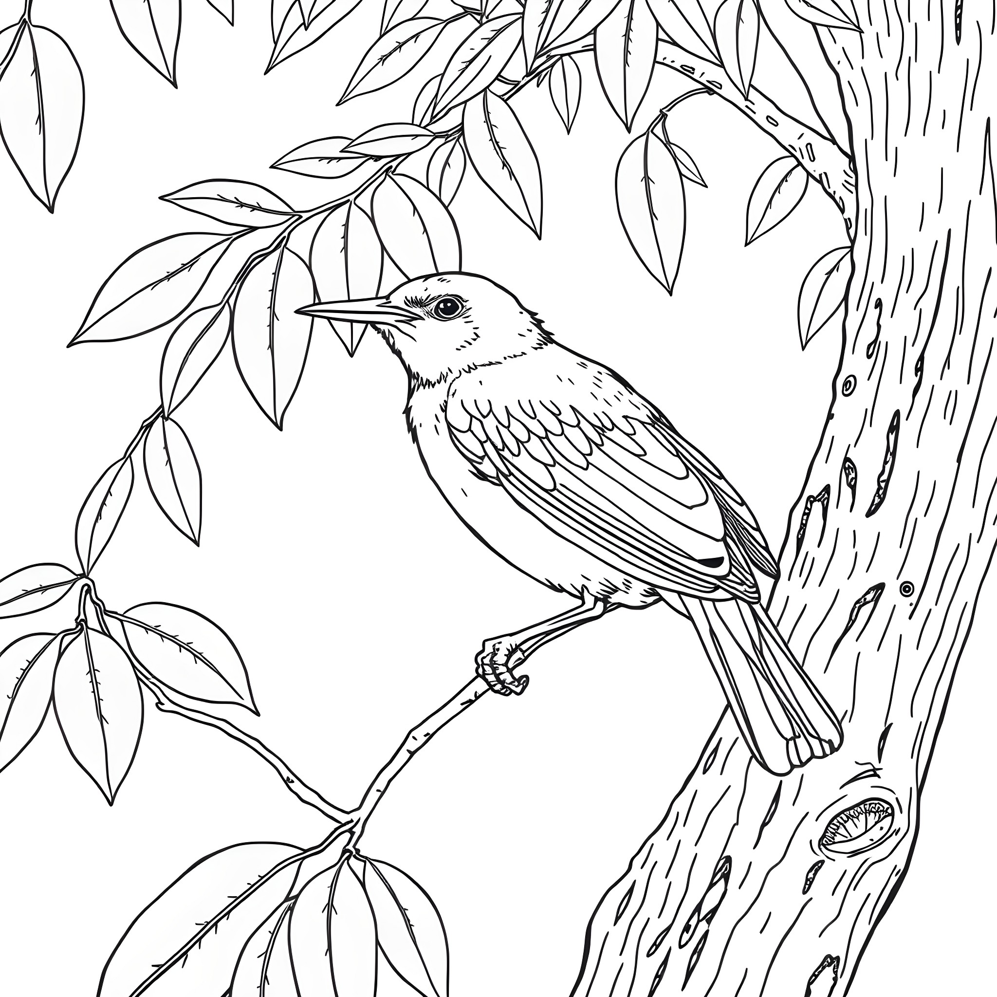 Setophaga Petechia perched on the tree branch Coloring Page (free black-and-white line drawing printable PDF for all, from beginners to advanced learners, including children, teens, adults, and seniors)