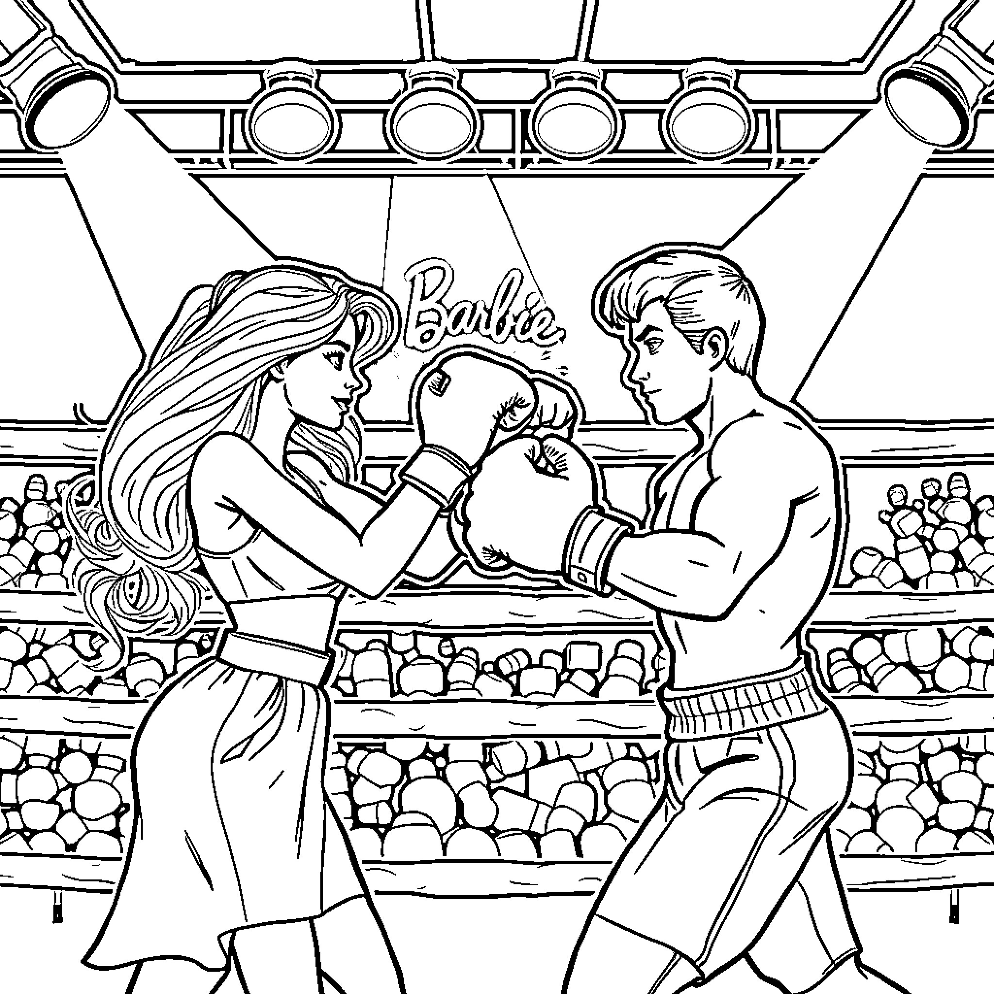 Barbie and Ken arm wrestling in a boxing arena Coloring Page (free black-and-white line drawing printable PDF for all, from beginners to advanced learners, including children, teens, adults, and seniors)