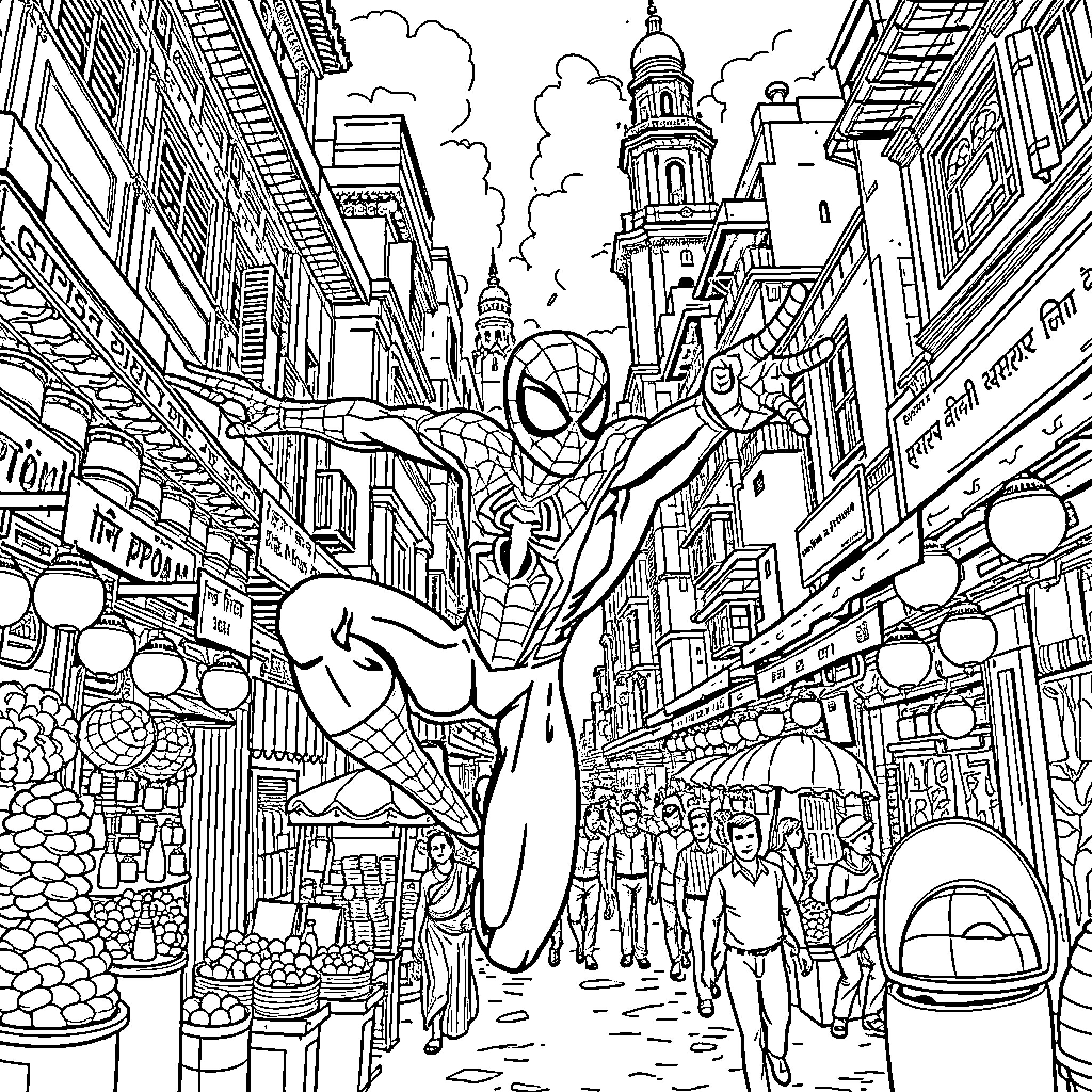 Spider-Man swinging through the bustling city streets Coloring Page (free black-and-white line drawing printable PDF for all, from beginners to advanced learners, including children, teens, adults, and seniors)