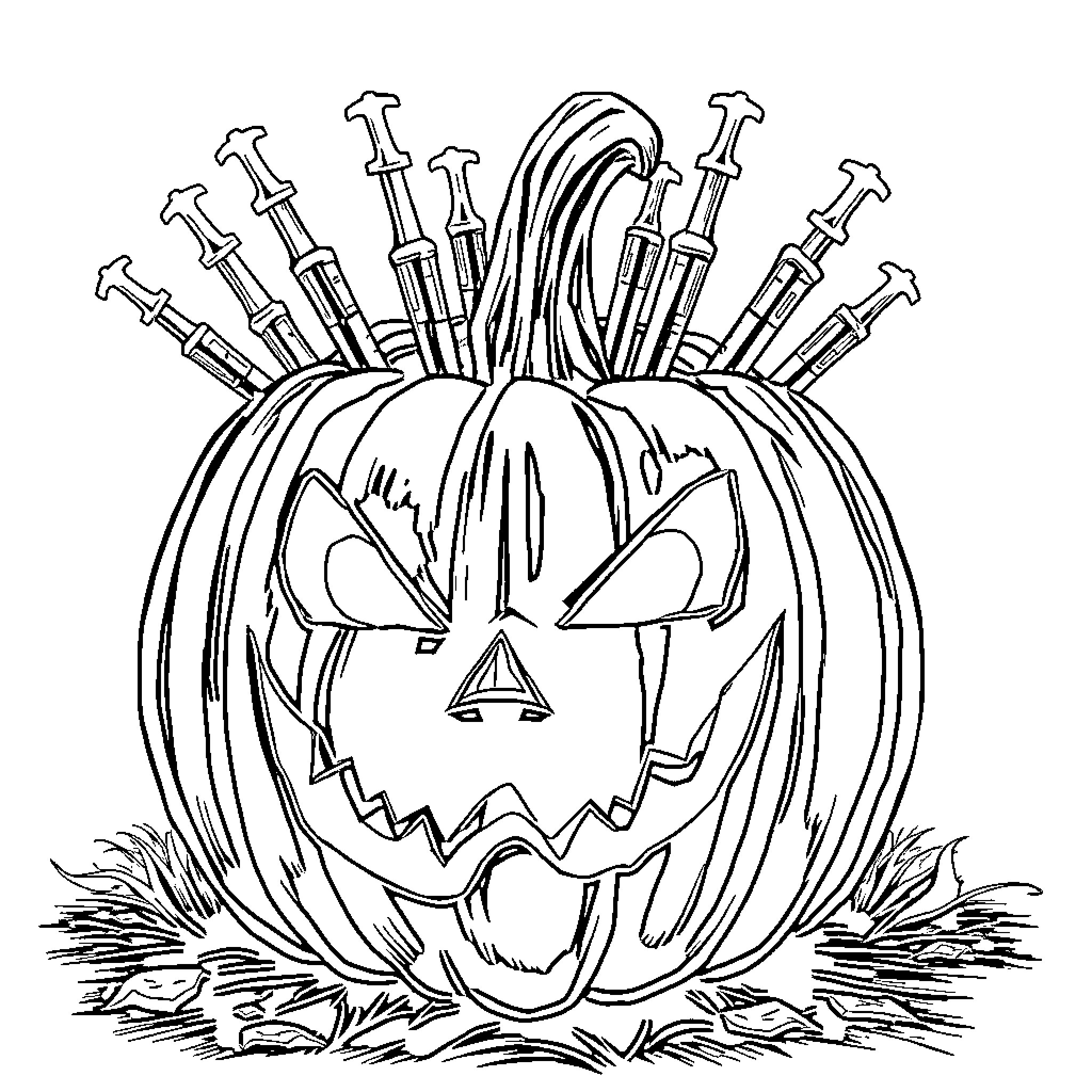Jack-o'-lantern with menacing expression and sharp teeth Coloring Page (free black-and-white line drawing printable PDF for all, from beginners to advanced learners, including children, teens, adults, and seniors)