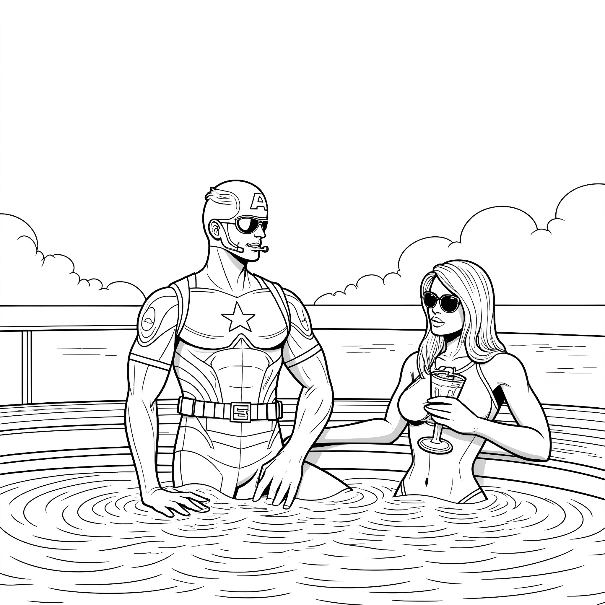 Captain America and woman enjoying beach day Coloring Page (free black-and-white line drawing printable PDF for all, from beginners to advanced learners, including children, teens, adults, and seniors)