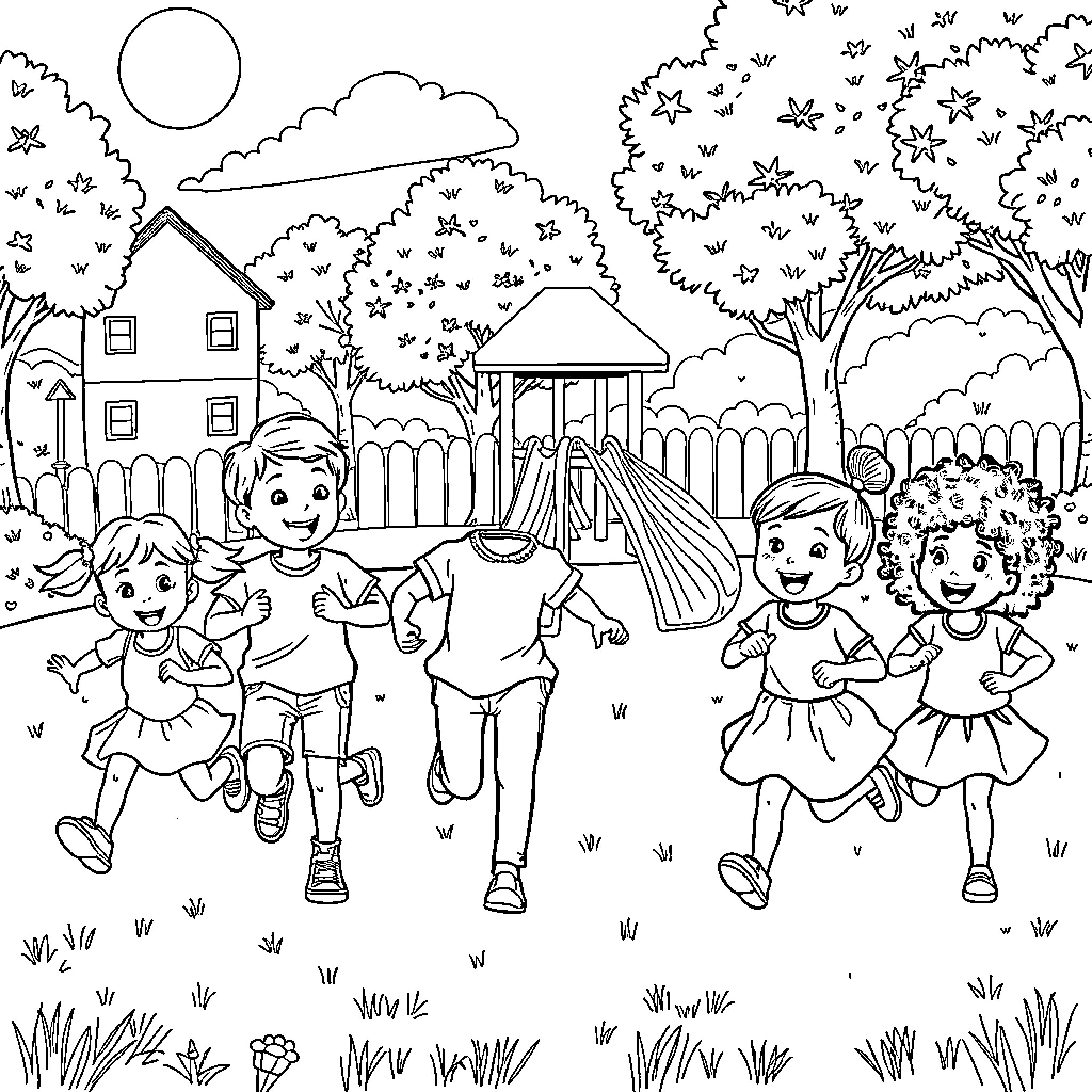 Child playing cheerfully in the neighborhood park Coloring Page (free black-and-white line drawing printable PDF for all, from beginners to advanced learners, including children, teens, adults, and seniors)