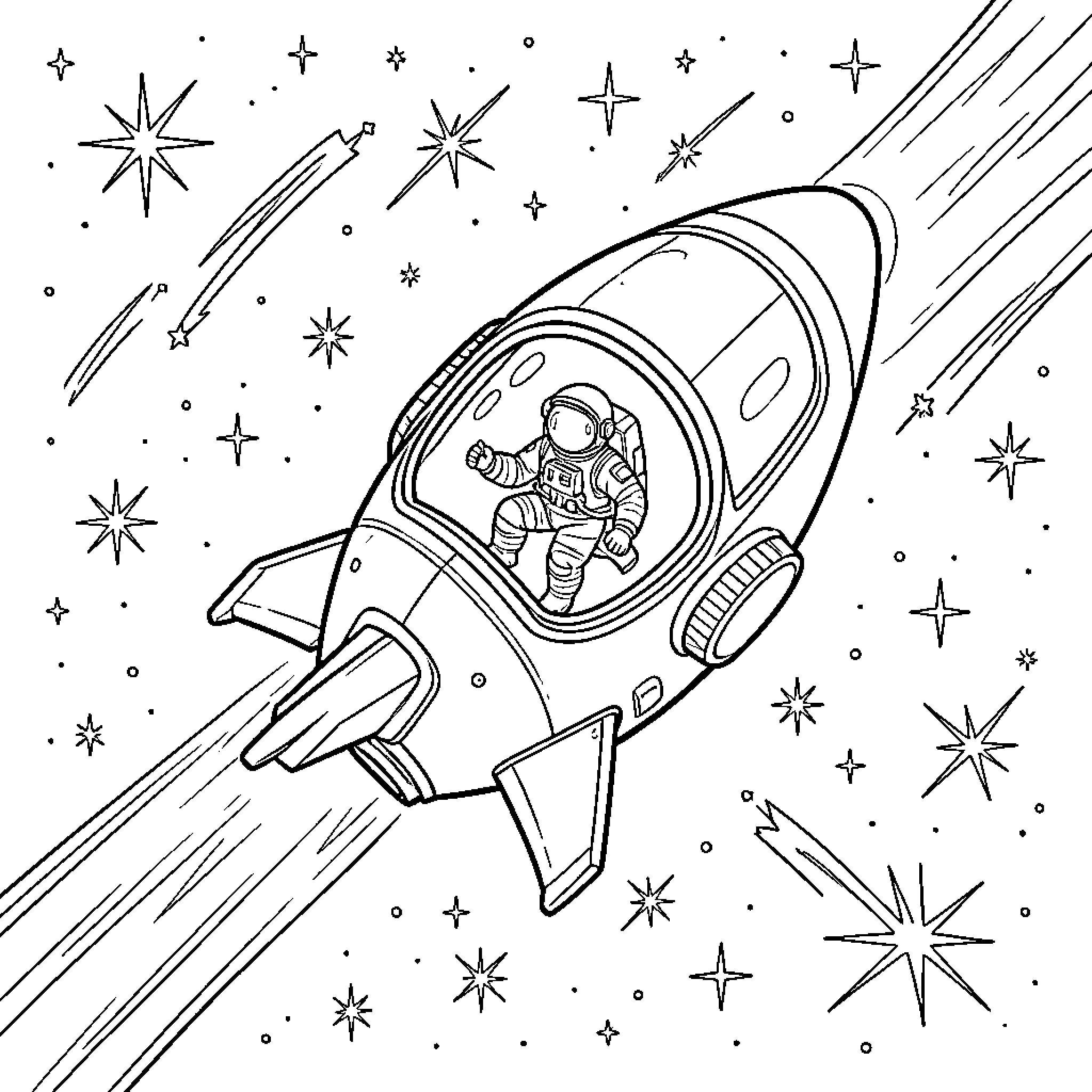 Space Shuttle Astronaut Soaring Through Starry Skies Coloring Page (free black-and-white line drawing printable PDF for all, from beginners to advanced learners, including children, teens, adults, and seniors)