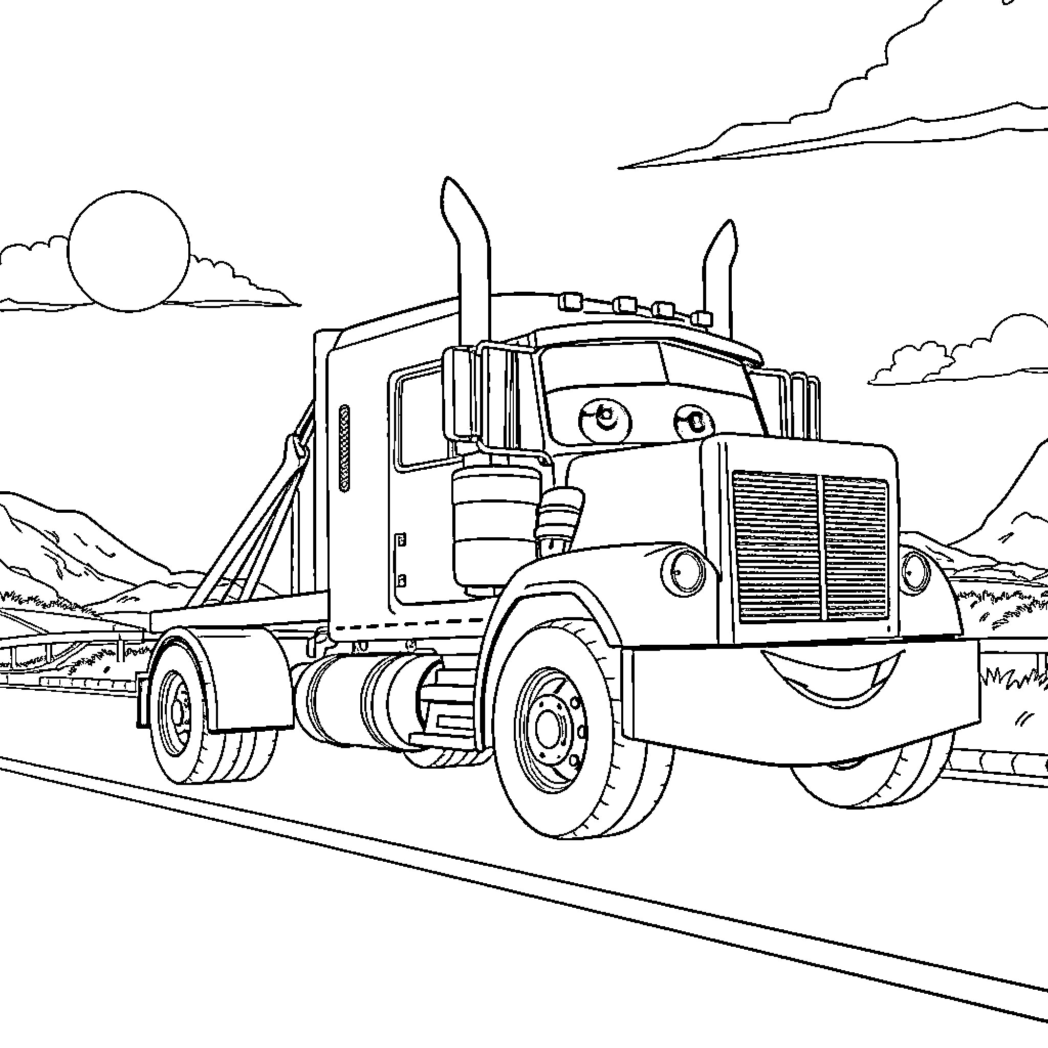 Truck driving on the open road Coloring Page (free black-and-white line drawing printable PDF for all, from beginners to advanced learners, including children, teens, adults, and seniors)