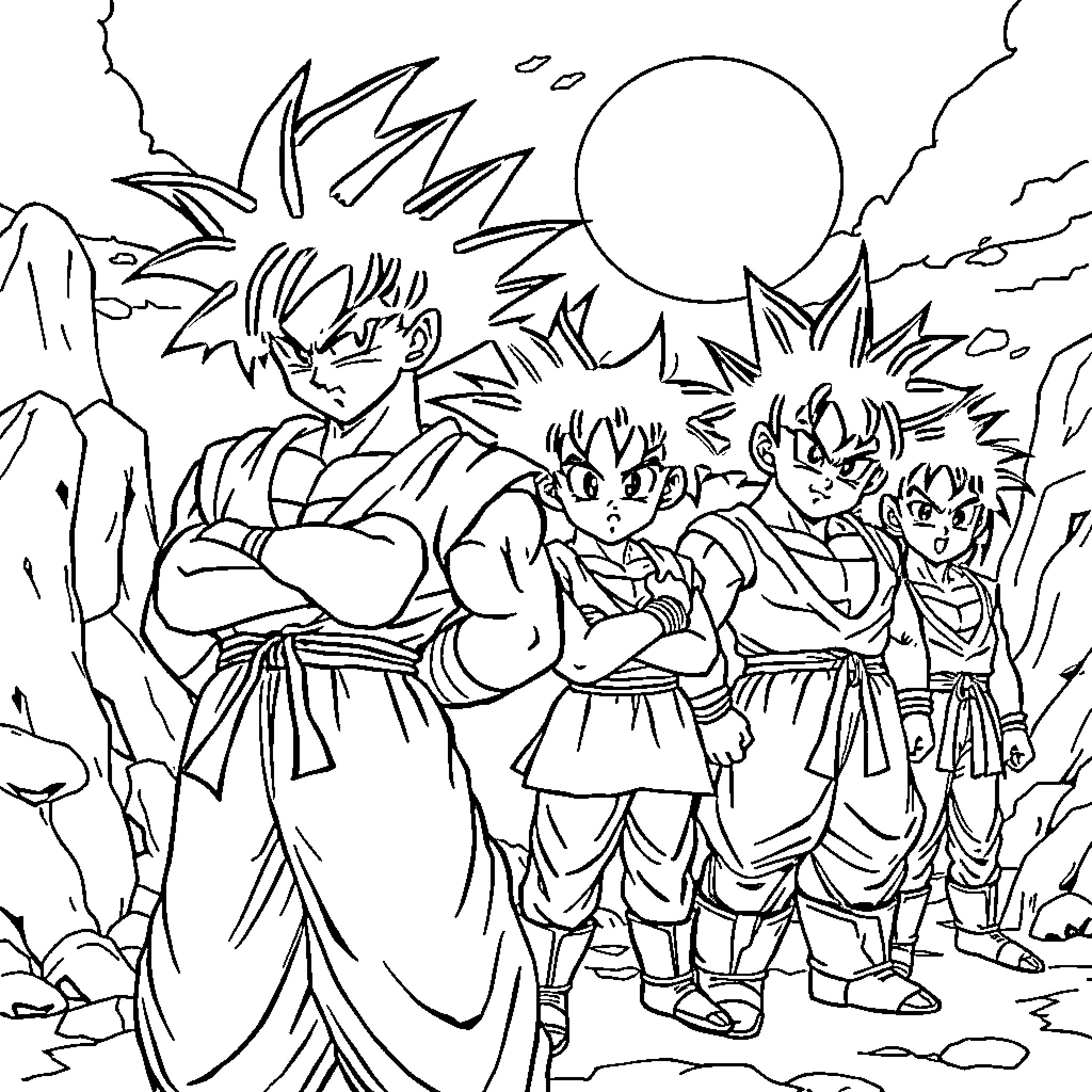 Dragon Ball Z: Heroic Warriors Brace for Battle Coloring Page (free black-and-white line drawing printable PDF for all, from beginners to advanced learners, including children, teens, adults, and seniors)