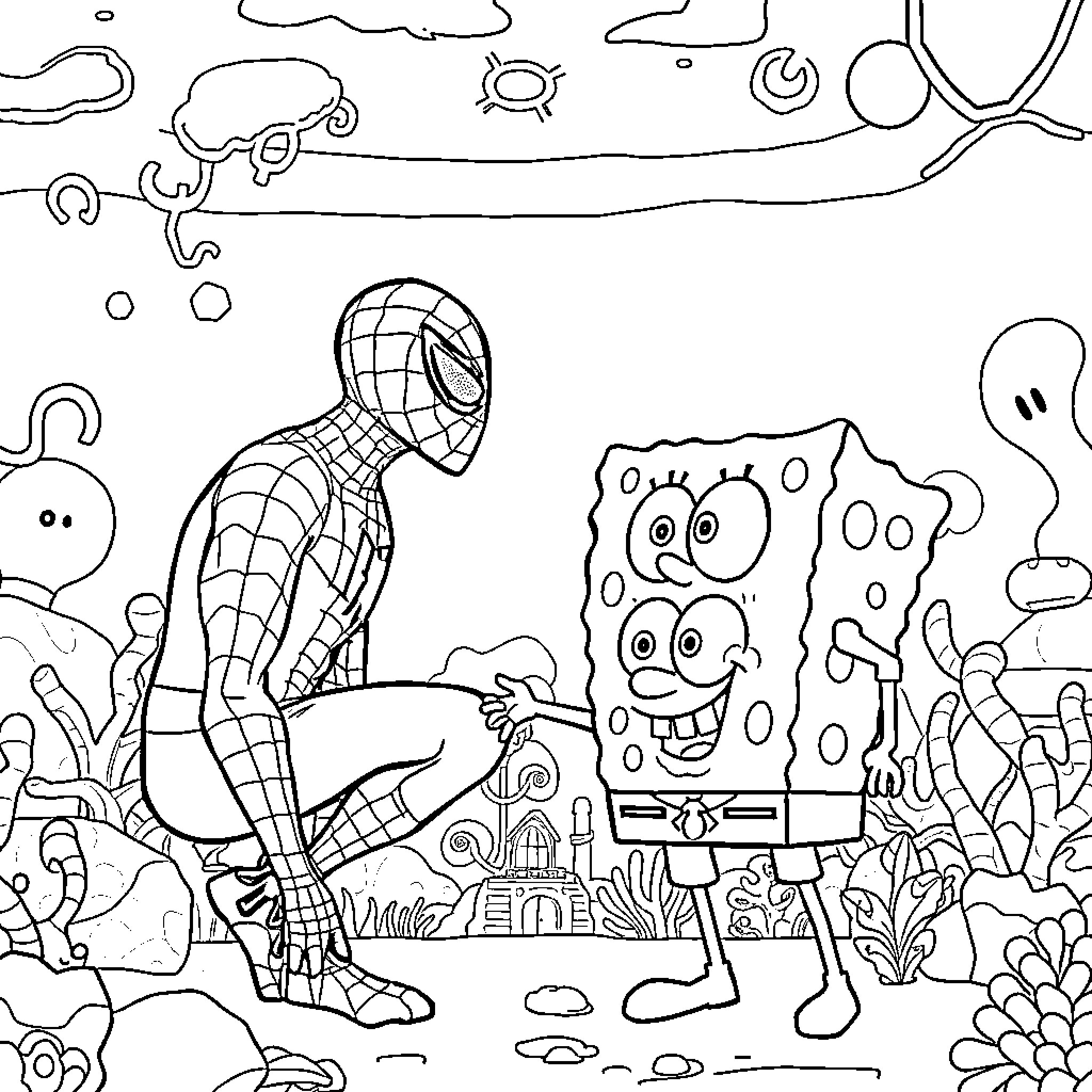 Spiderman encounters whimsical cartoon characters underwater Coloring Page (free black-and-white line drawing printable PDF for all, from beginners to advanced learners, including children, teens, adults, and seniors)