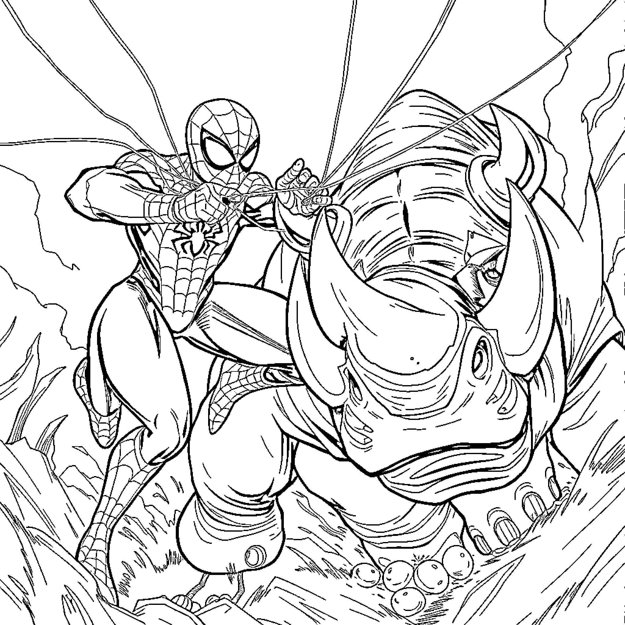 Spiderman battles a formidable foe in an intense confrontation Coloring Page (free black-and-white line drawing printable PDF for all, from beginners to advanced learners, including children, teens, adults, and seniors)