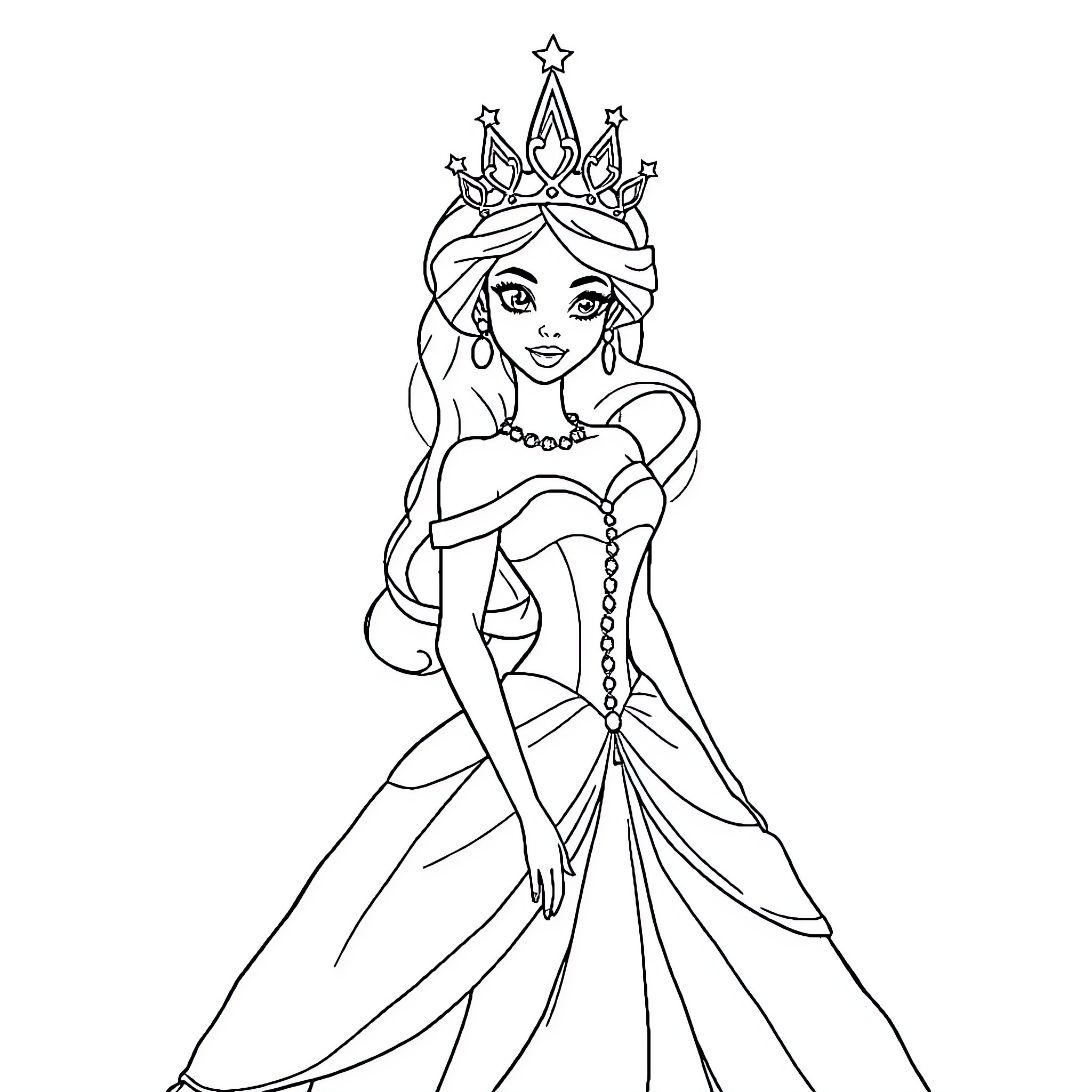 Princess in Elegant Gown and Crown Coloring Page (free black-and-white line drawing printable PDF for all, from beginners to advanced learners, including children, teens, adults, and seniors)