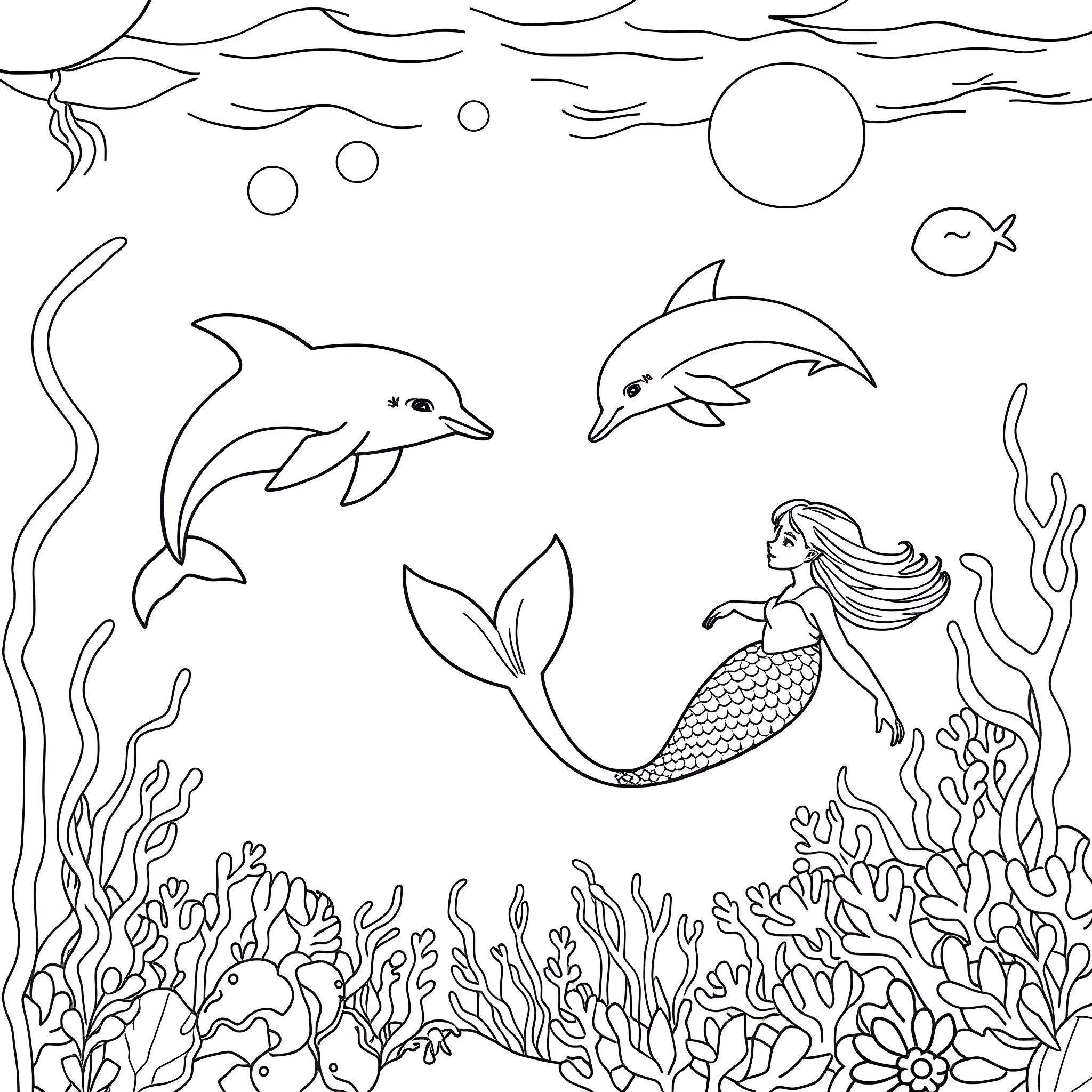 Mermaid and Dolphins Swimming in the Ocean Coloring Page (free black-and-white line drawing printable PDF for all, from beginners to advanced learners, including children, teens, adults, and seniors)