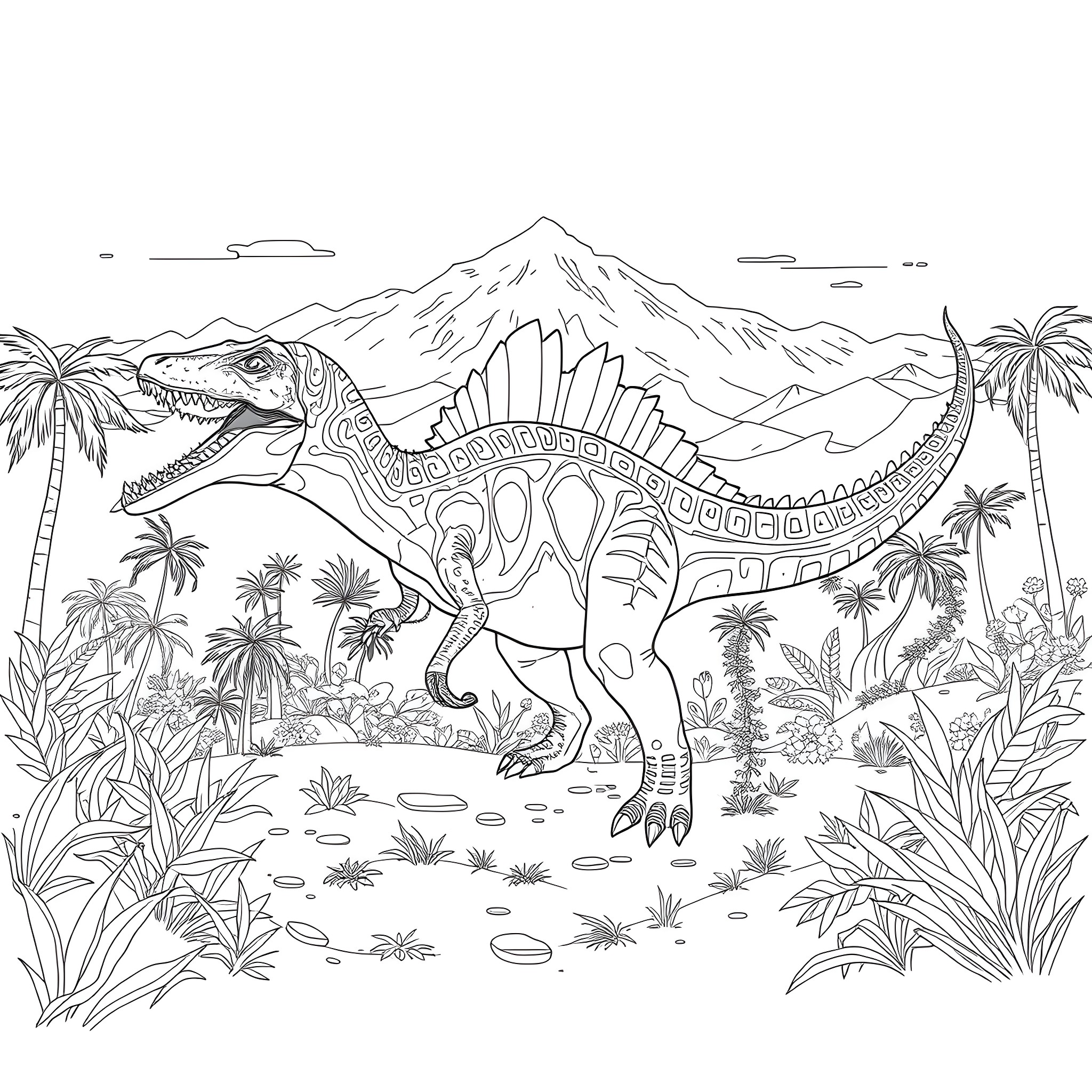 Dinosaur in a Prehistoric Landscape Coloring Page (free black-and-white line drawing printable PDF for all, from beginners to advanced learners, including children, teens, adults, and seniors)
