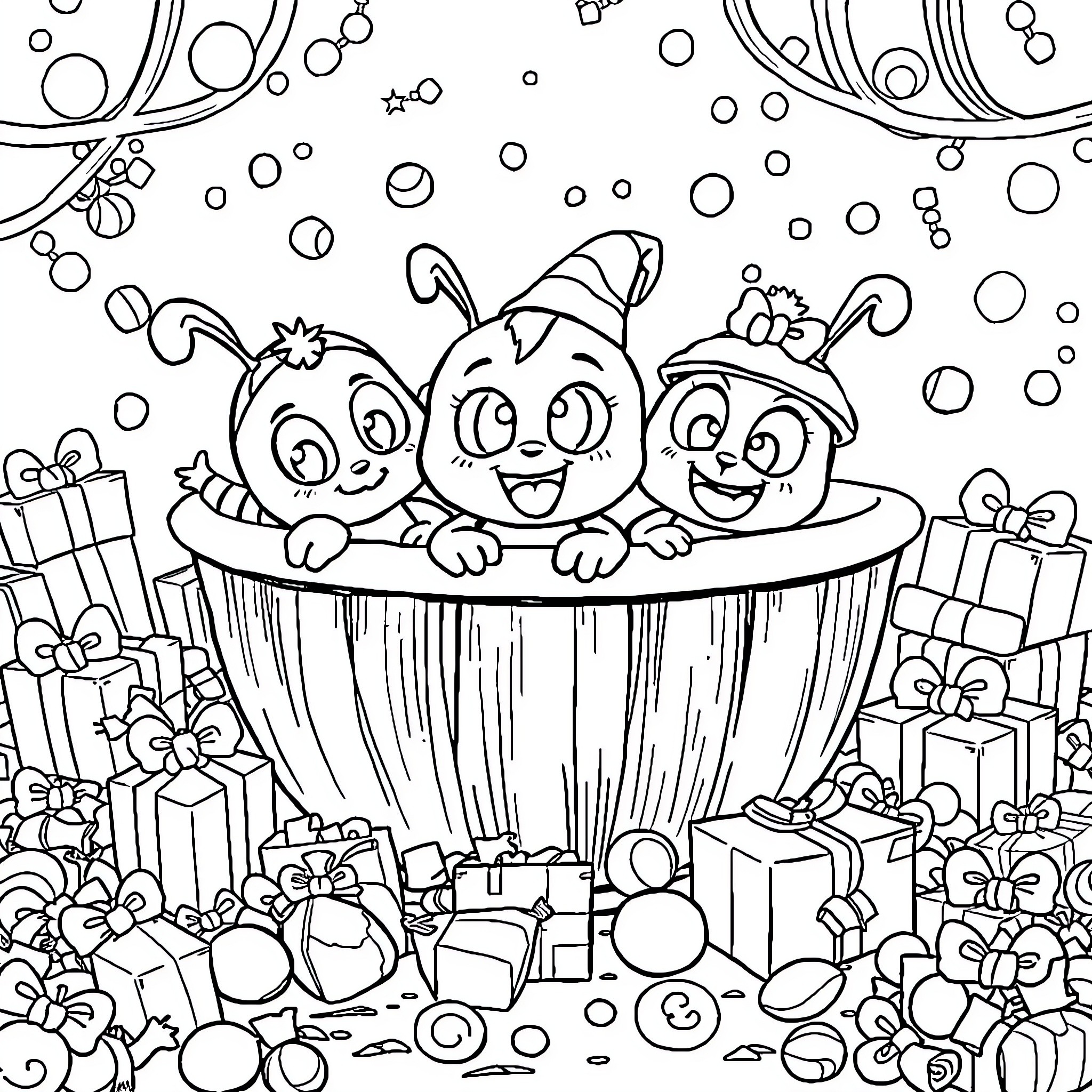 Lock Shock Barrel playing in a gift-filled winter wonderland Coloring Page (free black-and-white line drawing printable PDF for all, from beginners to advanced learners, including children, teens, adults, and seniors)