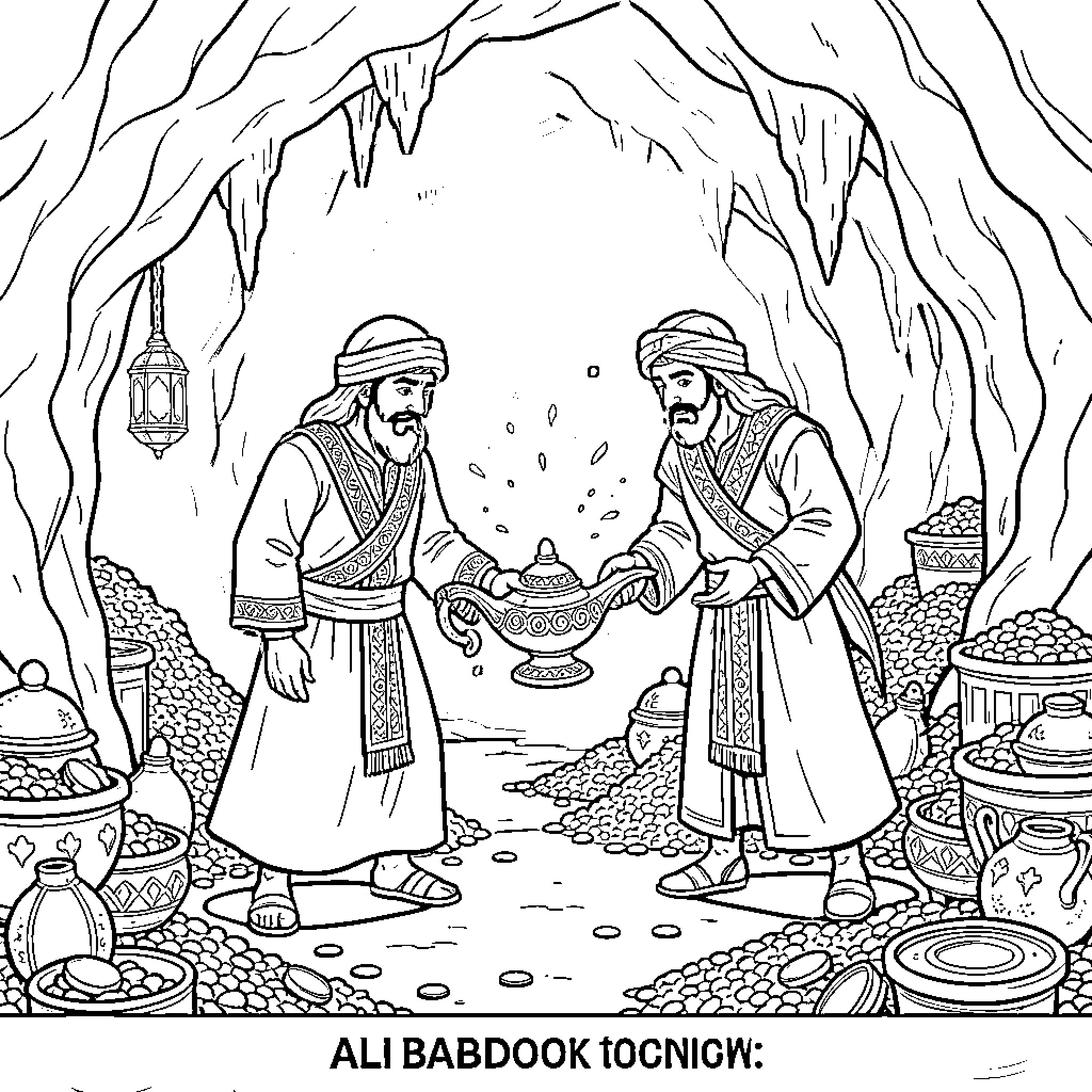 Ali Baba discovering a magical lamp in a cave Coloring Page (free black-and-white line drawing printable PDF for all, from beginners to advanced learners, including children, teens, adults, and seniors)