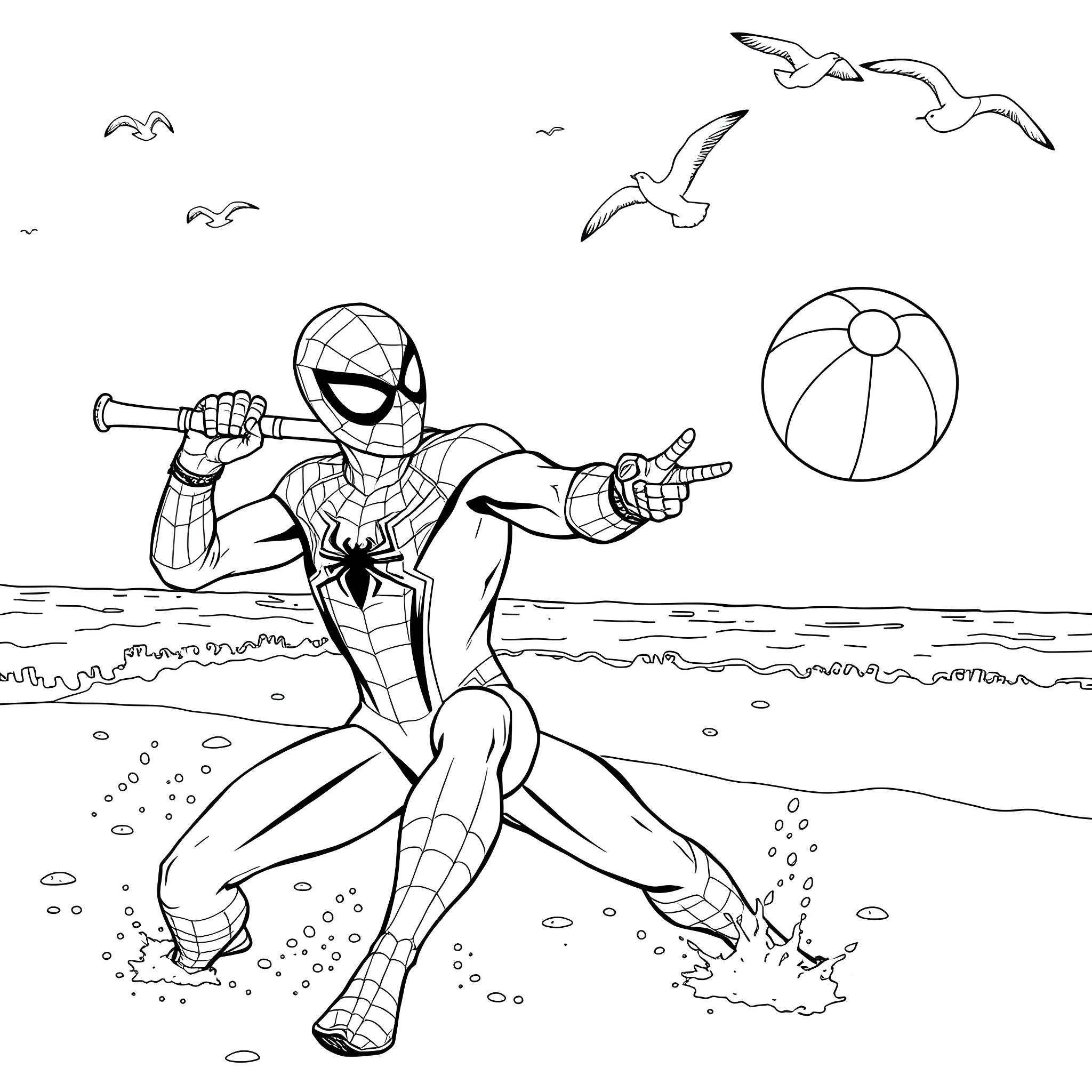 Spiderman swinging on the beach with seagulls Coloring Page (free black-and-white line drawing printable PDF for all, from beginners to advanced learners, including children, teens, adults, and seniors)